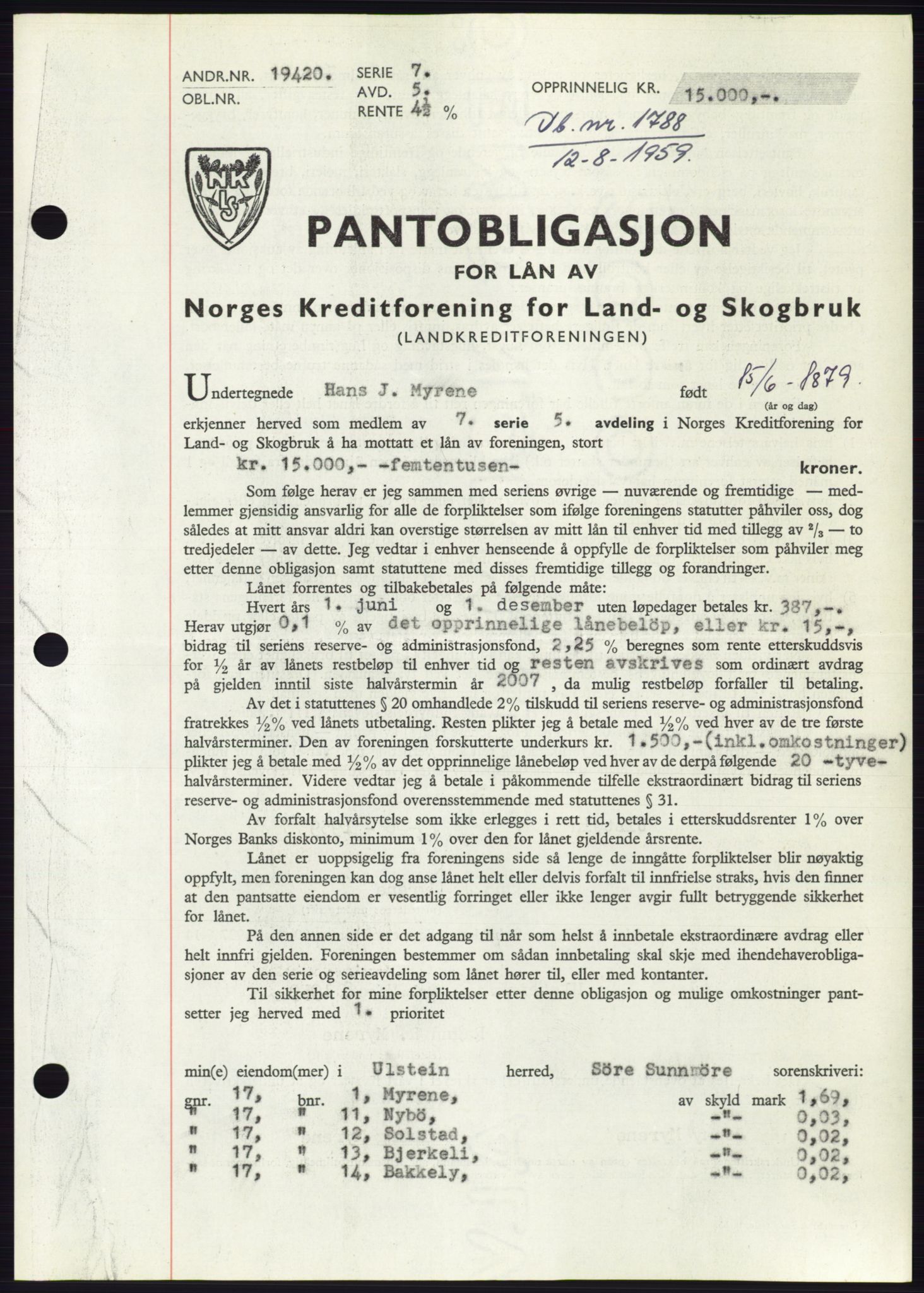 Søre Sunnmøre sorenskriveri, AV/SAT-A-4122/1/2/2C/L0133: Pantebok nr. 21B, 1959-1959, Dagboknr: 1788/1959