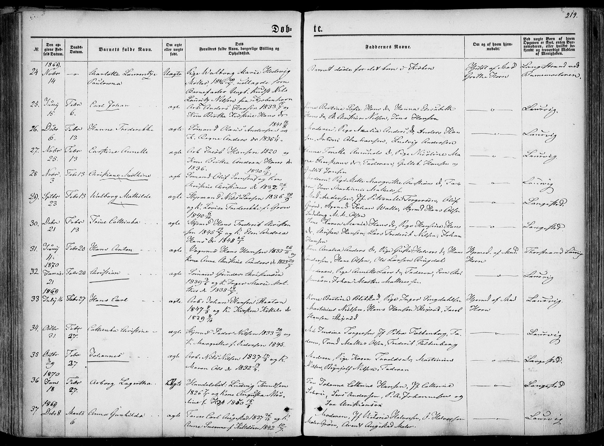Larvik kirkebøker, AV/SAKO-A-352/F/Fa/L0004: Ministerialbok nr. I 4, 1856-1870, s. 219