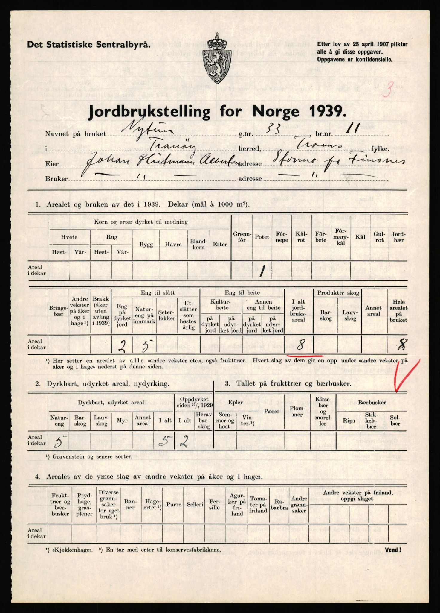 Statistisk sentralbyrå, Næringsøkonomiske emner, Jordbruk, skogbruk, jakt, fiske og fangst, AV/RA-S-2234/G/Gb/L0341: Troms: Sørreisa og Tranøy, 1939, s. 916