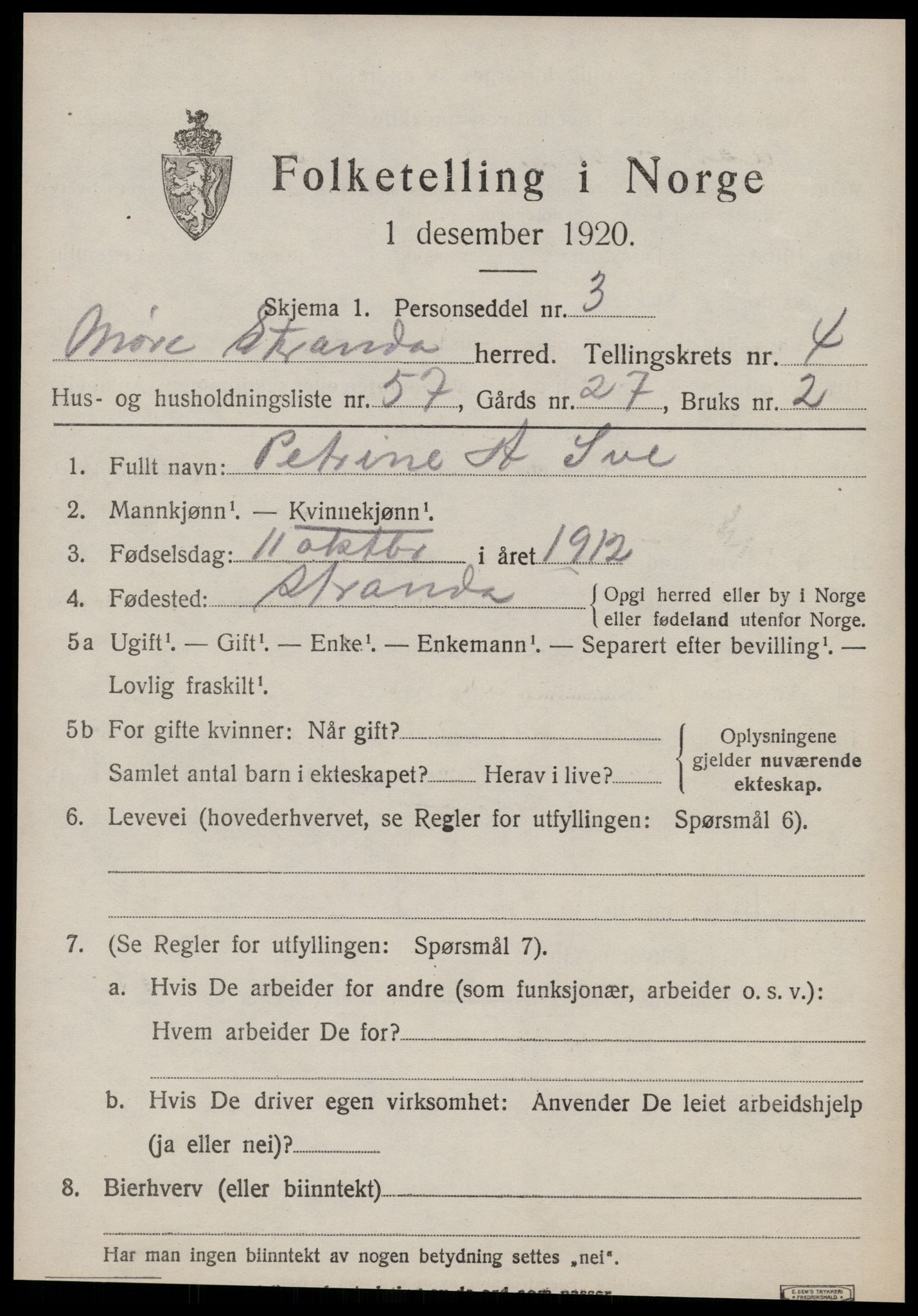 SAT, Folketelling 1920 for 1525 Stranda herred, 1920, s. 3109