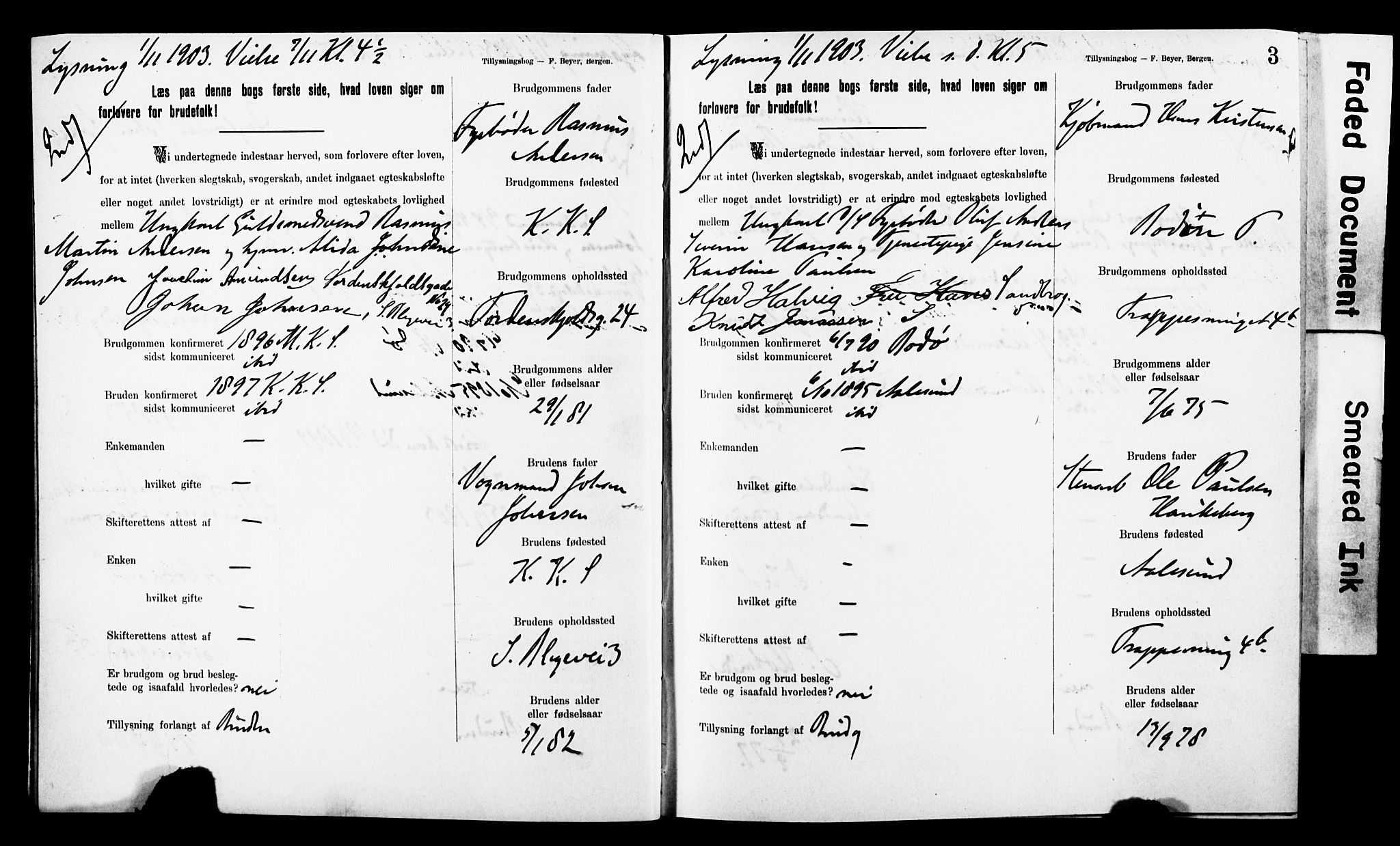 Korskirken sokneprestembete, SAB/A-76101: Forlovererklæringer nr. II.5.8, 1903-1908, s. 3
