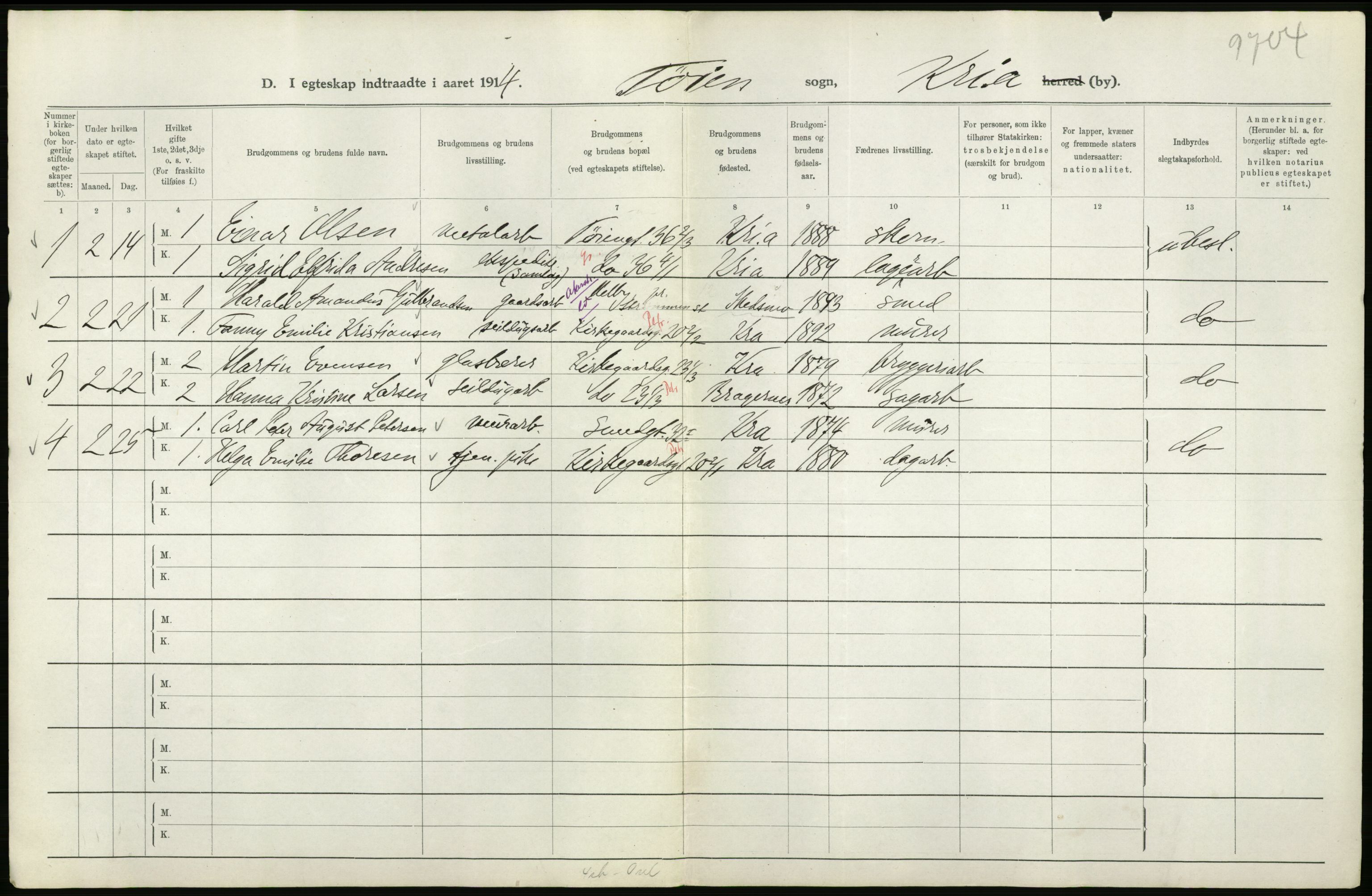 Statistisk sentralbyrå, Sosiodemografiske emner, Befolkning, RA/S-2228/D/Df/Dfb/Dfbd/L0007: Kristiania: Gifte, 1914, s. 84