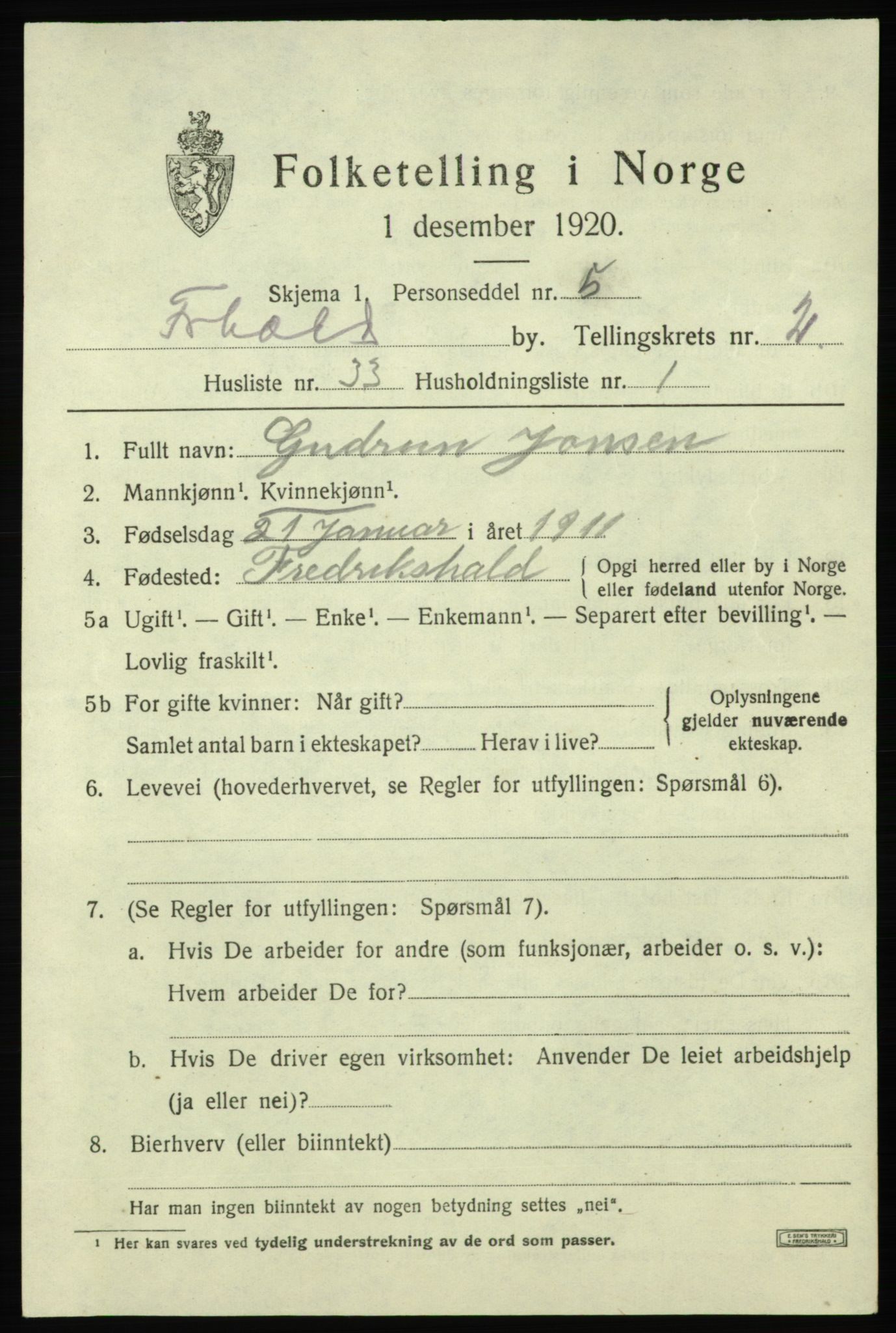 SAO, Folketelling 1920 for 0101 Fredrikshald kjøpstad, 1920, s. 10131