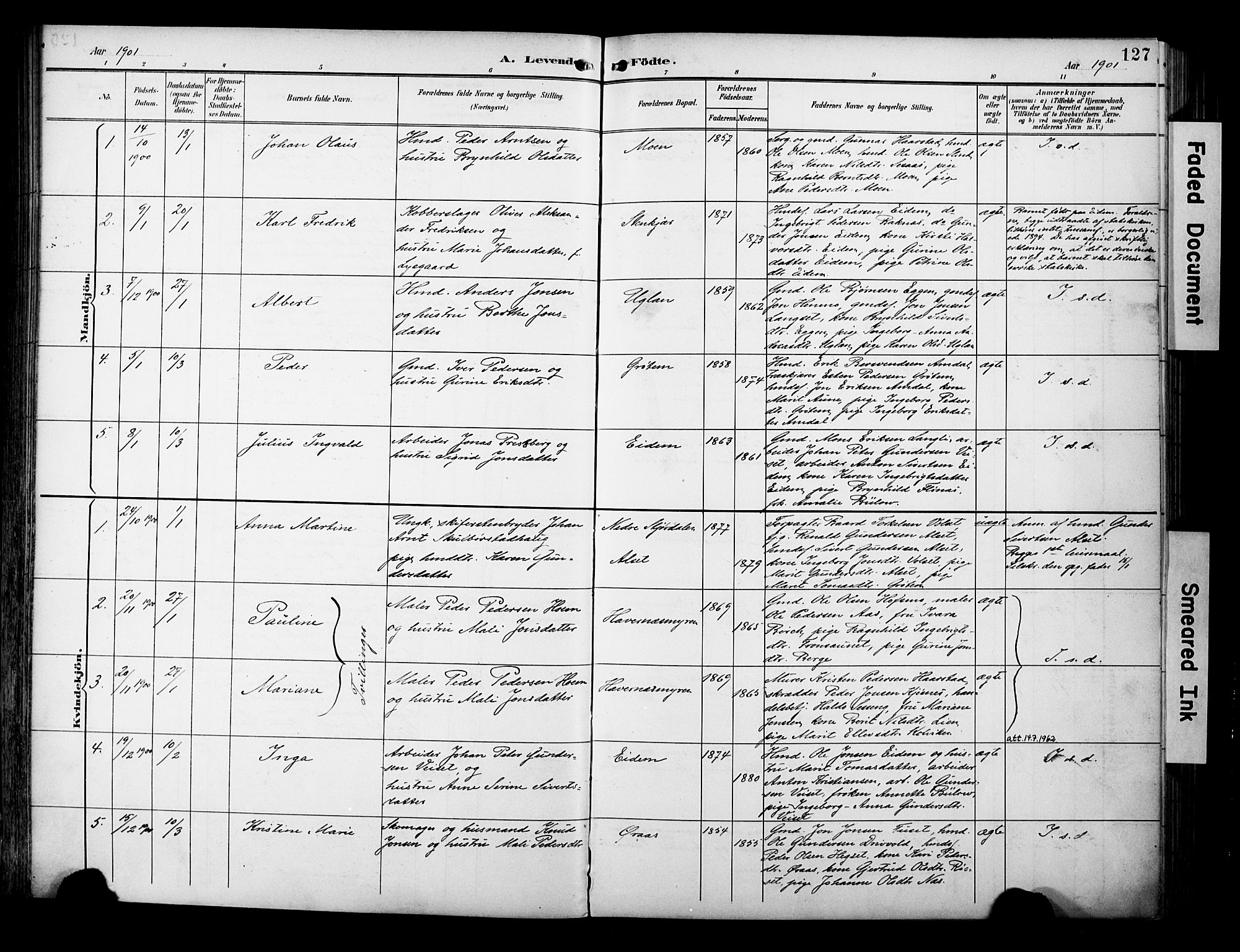 Ministerialprotokoller, klokkerbøker og fødselsregistre - Sør-Trøndelag, SAT/A-1456/695/L1149: Ministerialbok nr. 695A09, 1891-1902, s. 127