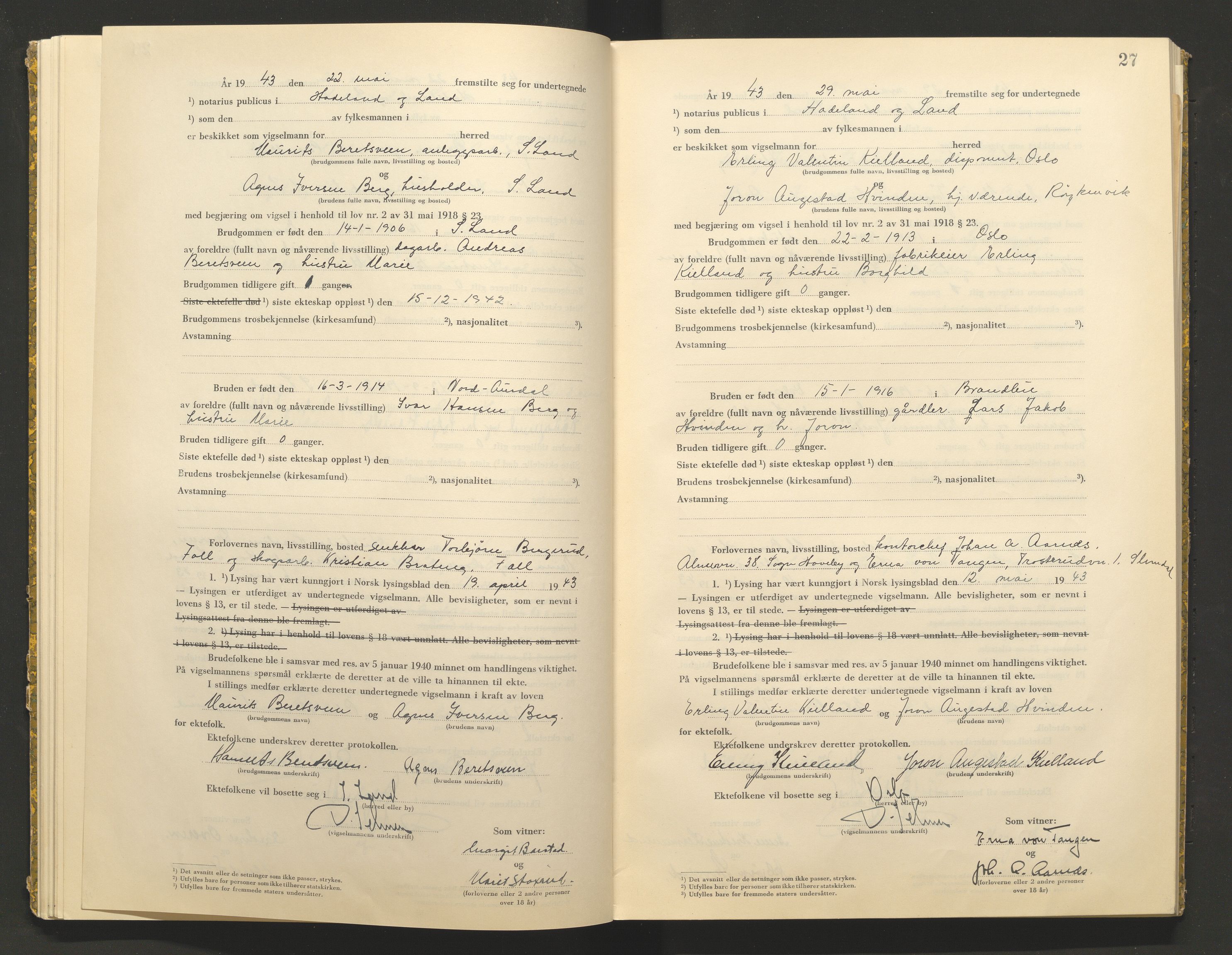 Hadeland og Land tingrett, AV/SAH-TING-010/L/Lb/L0002: Vigselbok, 1943-1944, s. 27