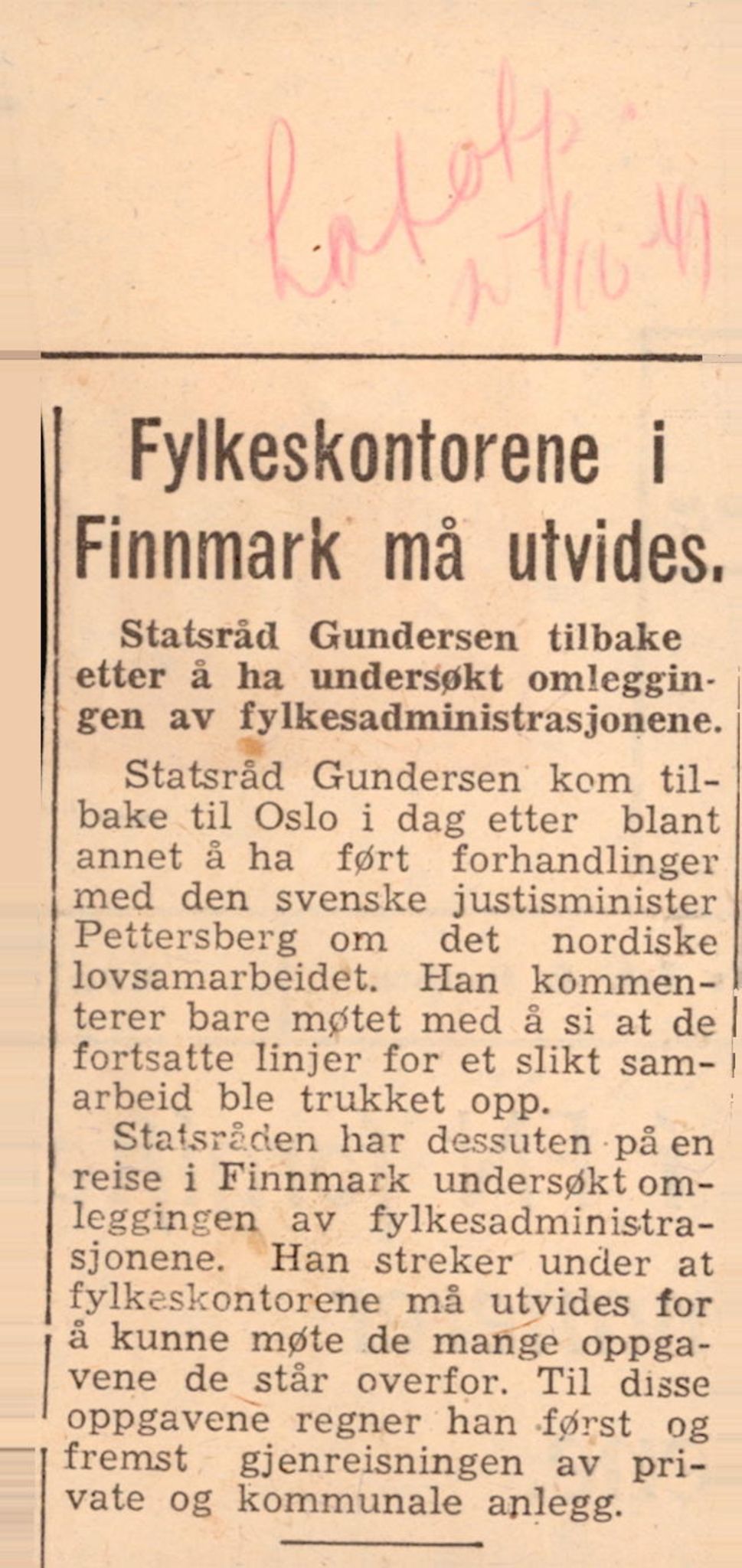 Finnmarkskontorets presse- og opplysningsarkiv , FMFB/A-1198/E/L0003/0004: I Nord-Troms og Finnmark - generelt  / Distriktskontorene, 1945-1949