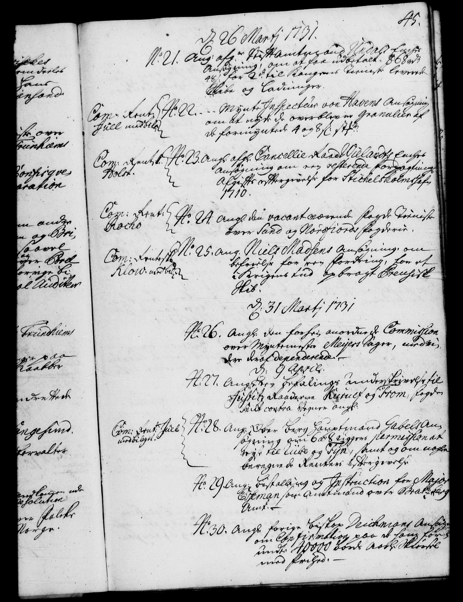 Rentekammeret, Kammerkanselliet, RA/EA-3111/G/Gf/Gfb/L0003: Register til norske relasjons- og resolusjonsprotokoller (merket RK 52.98), 1729-1736, s. 45