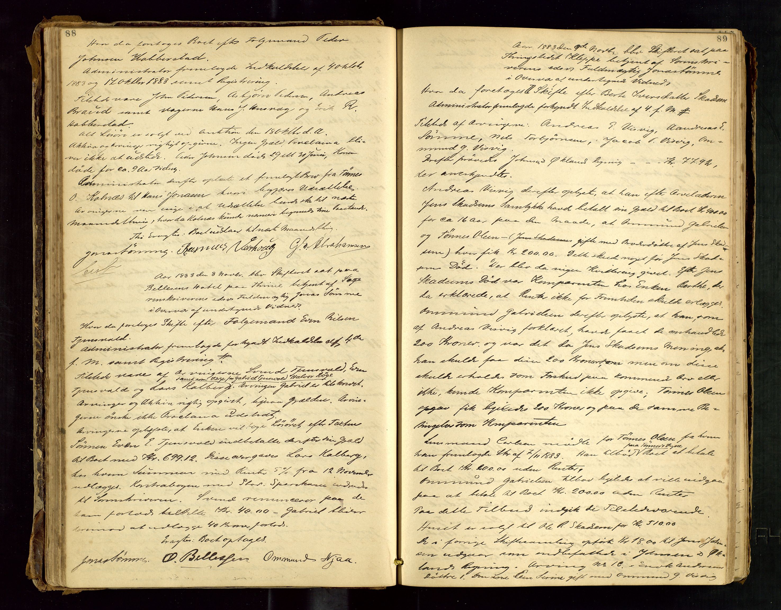 Jæren sorenskriveri, AV/SAST-A-100310/01/5/50/50BA/L0003: SKIFTEFORHANDLINGSPROTOKOLL, 1882-1890, s. 88-89