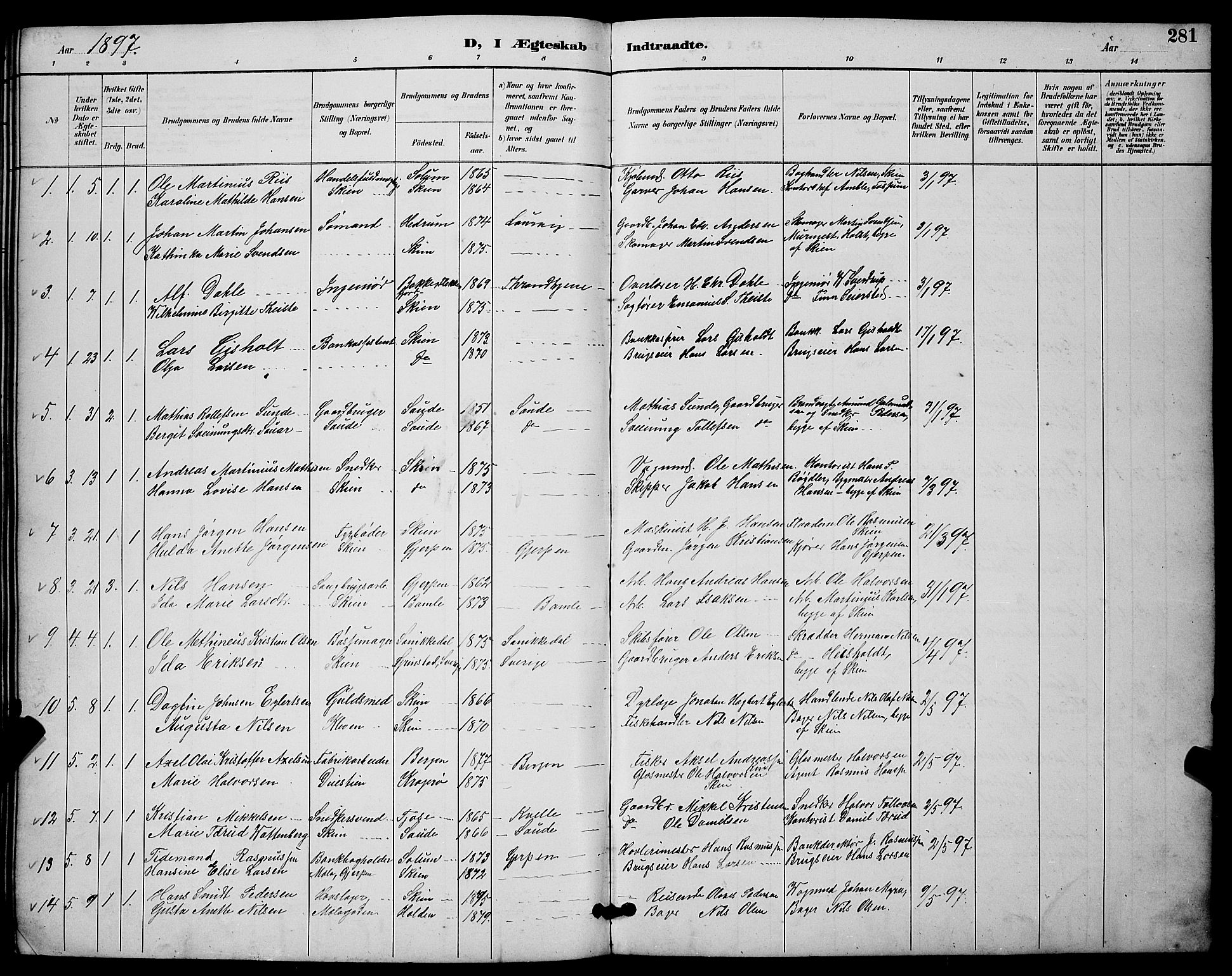 Skien kirkebøker, AV/SAKO-A-302/G/Ga/L0007: Klokkerbok nr. 7, 1891-1900, s. 281