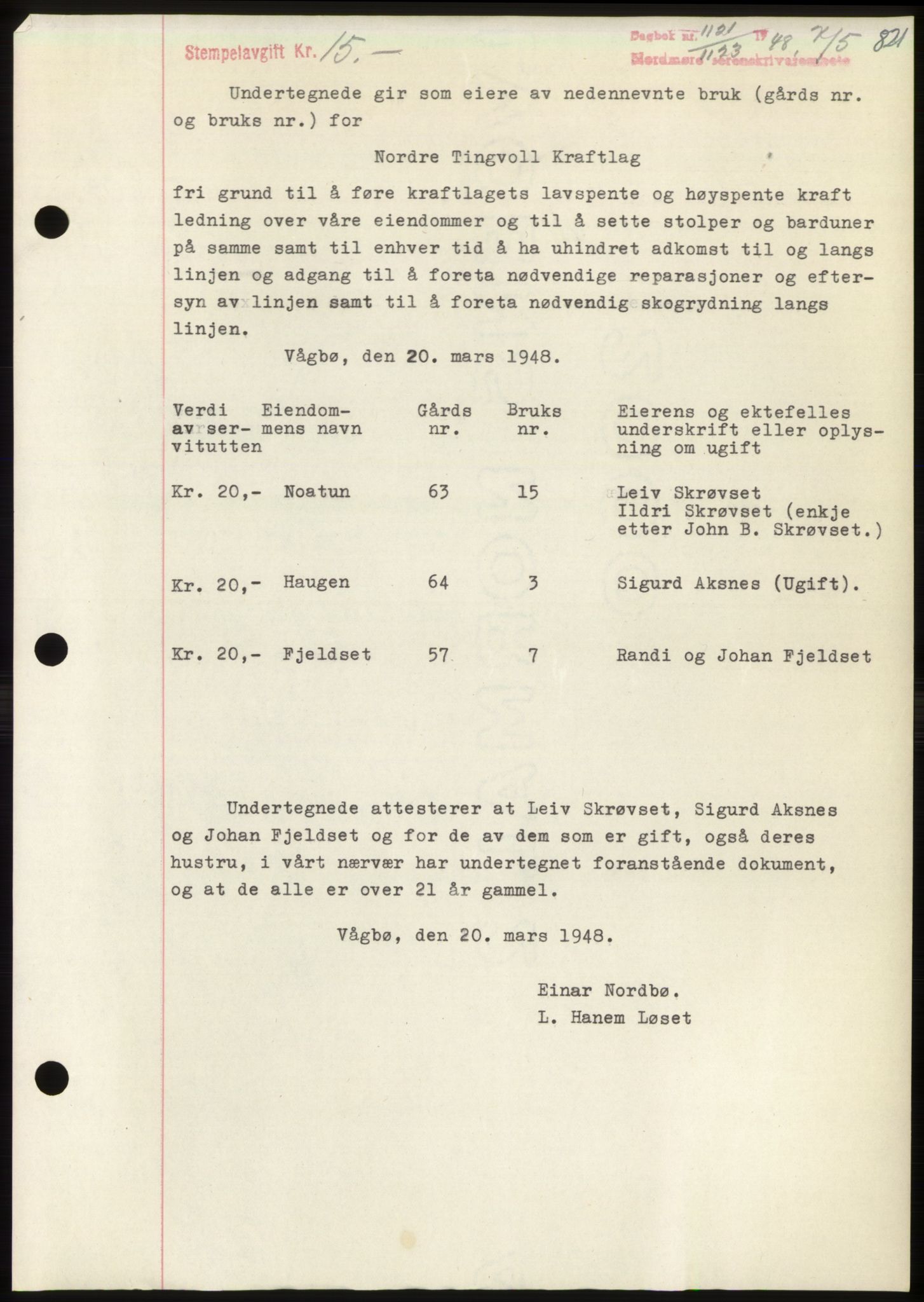 Nordmøre sorenskriveri, SAT/A-4132/1/2/2Ca: Pantebok nr. B98, 1948-1948, Dagboknr: 1121/1948