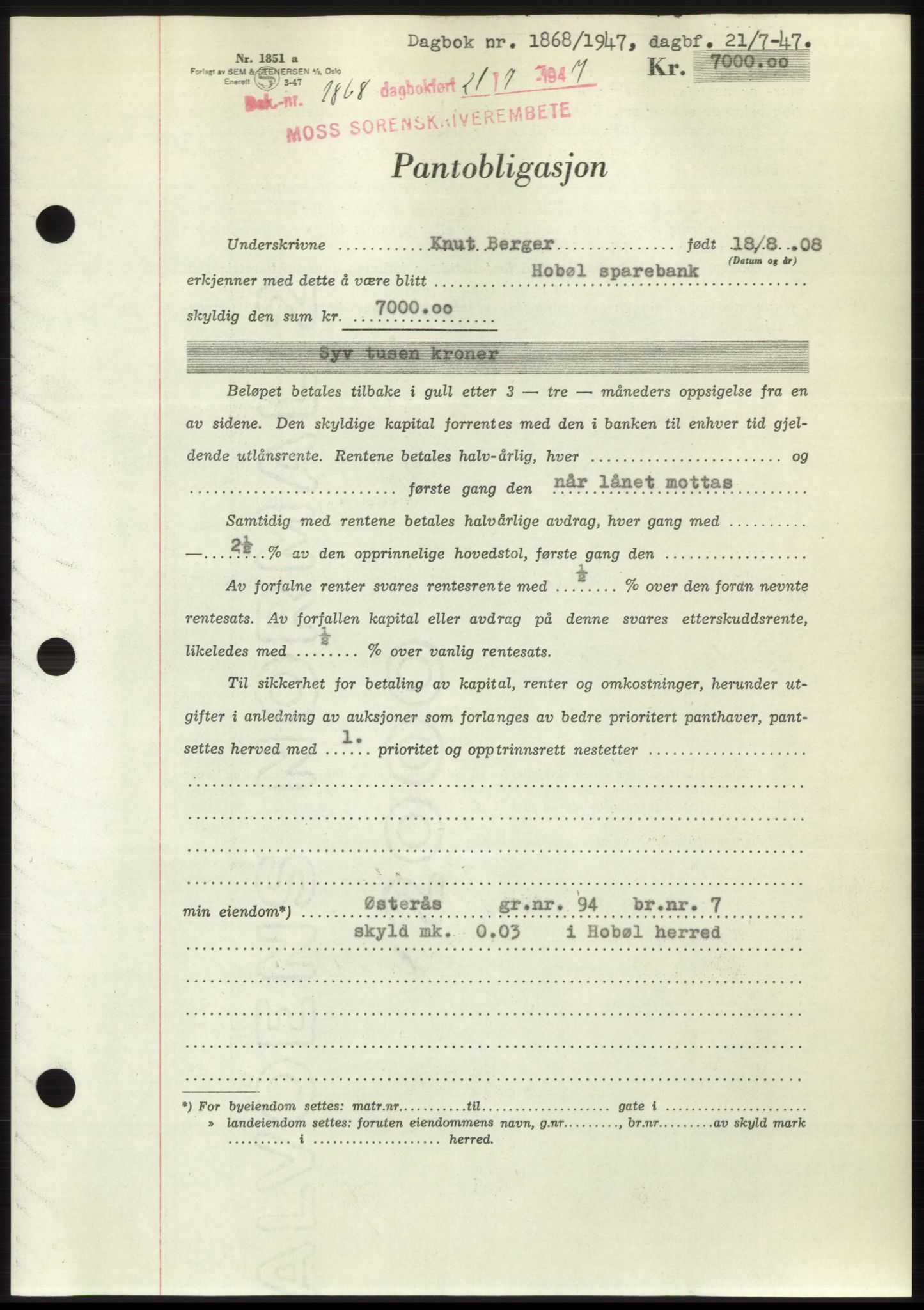 Moss sorenskriveri, SAO/A-10168: Pantebok nr. B17, 1947-1947, Dagboknr: 1868/1947