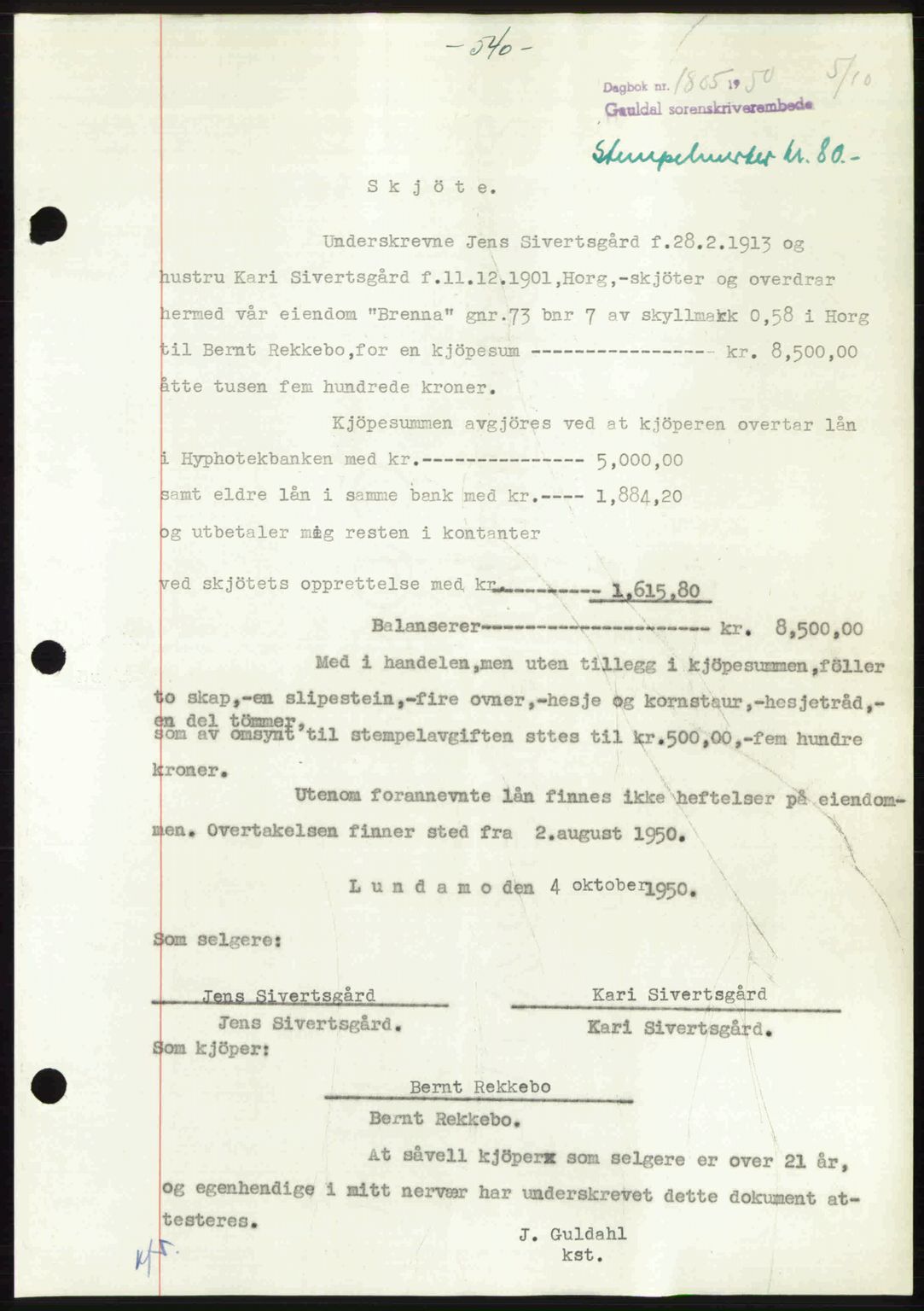 Gauldal sorenskriveri, SAT/A-0014/1/2/2C: Pantebok nr. A11, 1950-1950, Dagboknr: 1805/1950