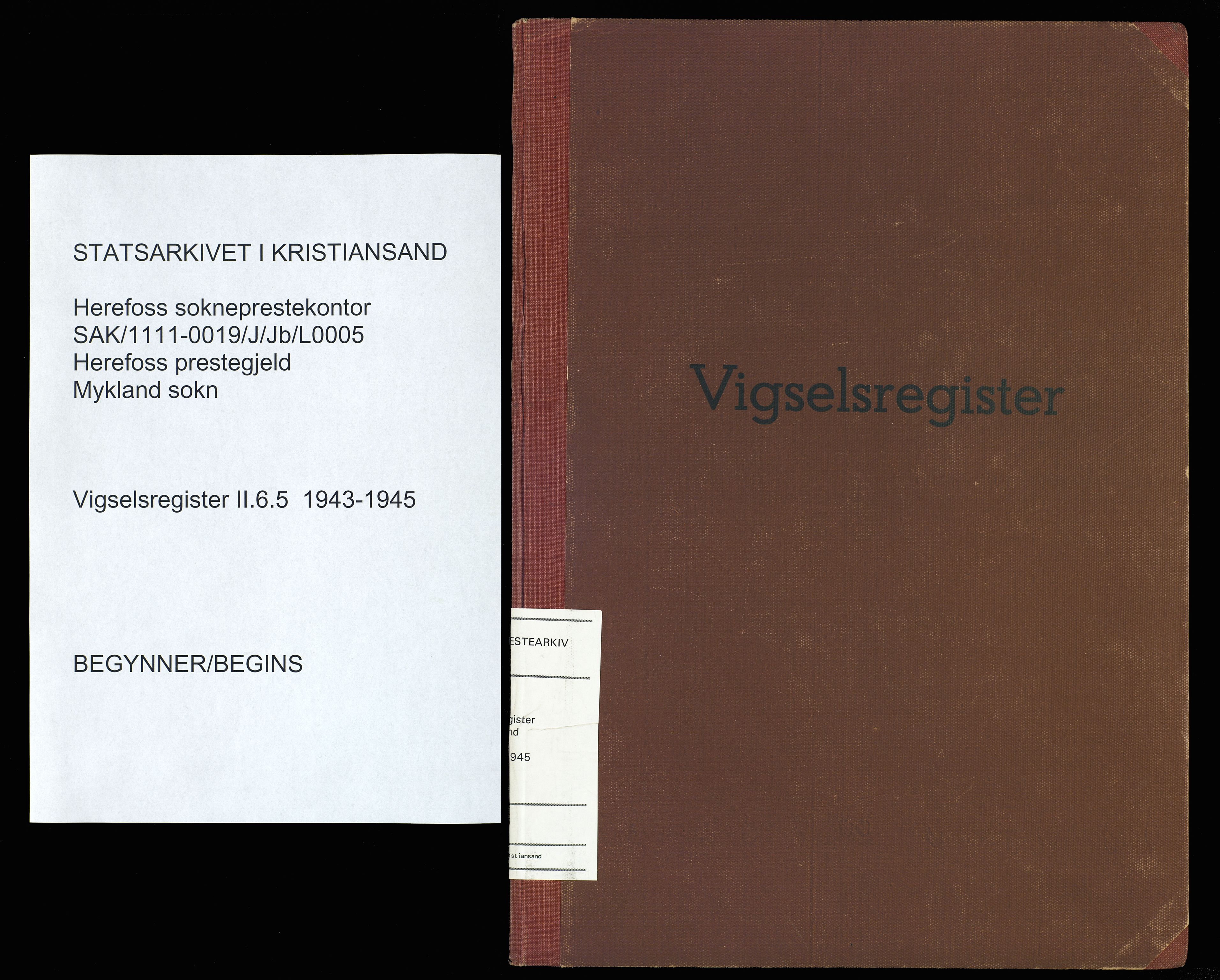 Herefoss sokneprestkontor, SAK/1111-0019/J/Jb/L0005: Vigselsregister nr. II.6.5, 1943-1945