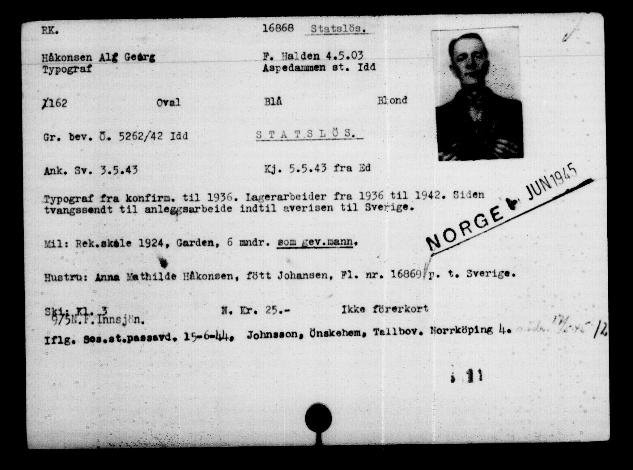 Utenriksstasjonene, Legasjonen i Stockholm, Flyktningkontoret, AV/RA-S-6753/V/Va/L0008: Kjesäterkartoteket, flyktninger med registreringsnr. 15700-18547, 1940-1945, s. 1275