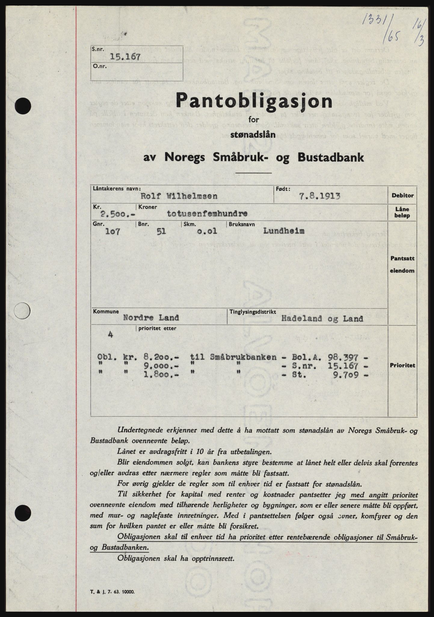 Hadeland og Land tingrett, SAH/TING-010/H/Hb/Hbc/L0058: Pantebok nr. B58, 1965-1965, Dagboknr: 1331/1965