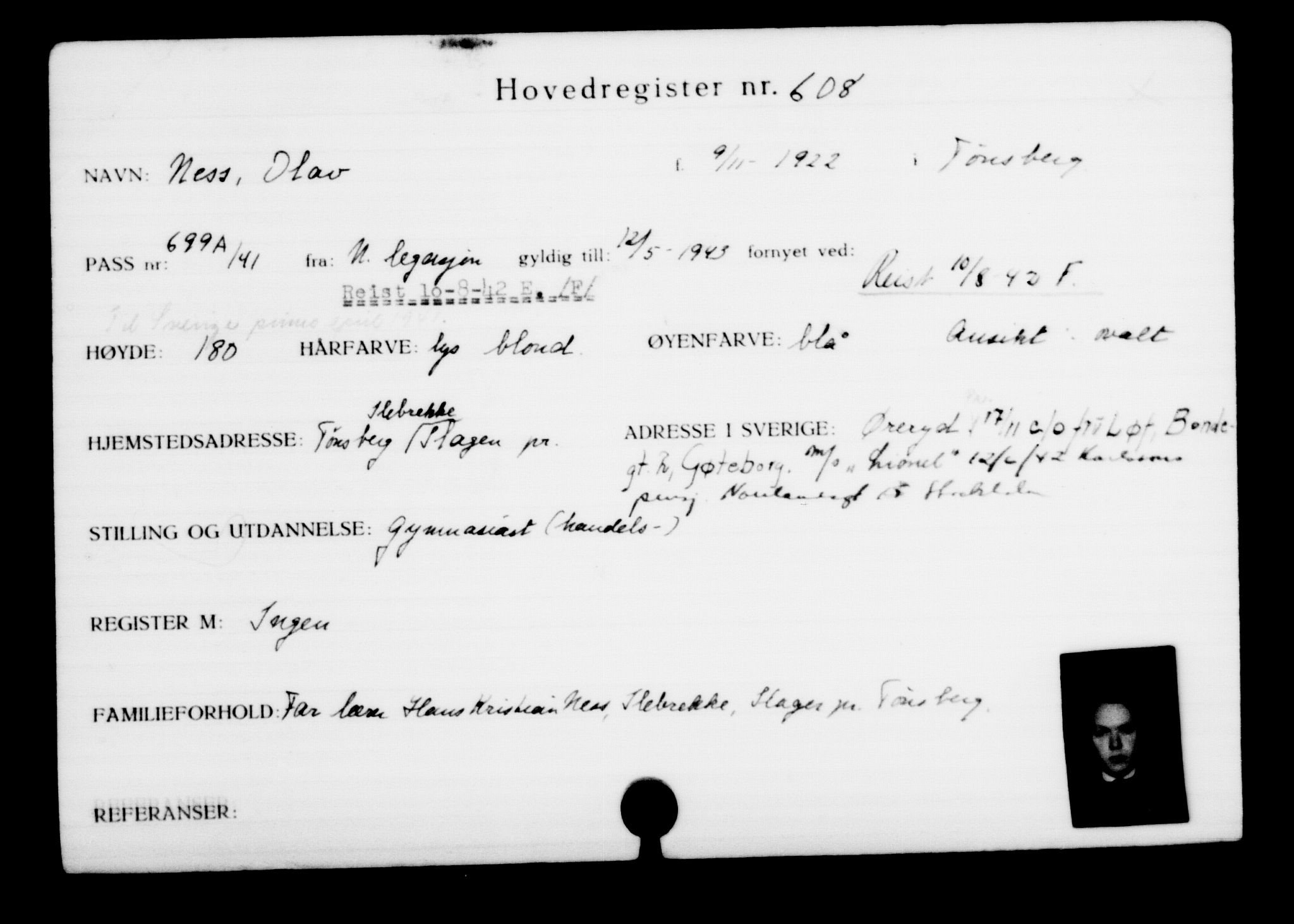 Utenriksstasjonene, Legasjonen i Stockholm, Flyktningkontoret, AV/RA-S-6753/V/Va/L0001: Kjesäterkartoteket, flyktninger med registreringsnr. 1-1000, 1940-1945, s. 952