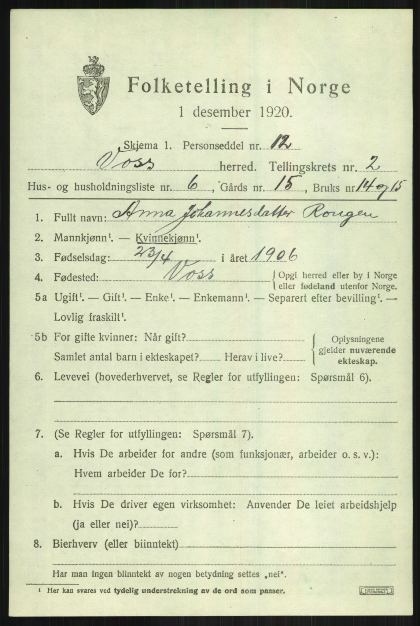 SAB, Folketelling 1920 for 1235 Voss herred, 1920, s. 3525