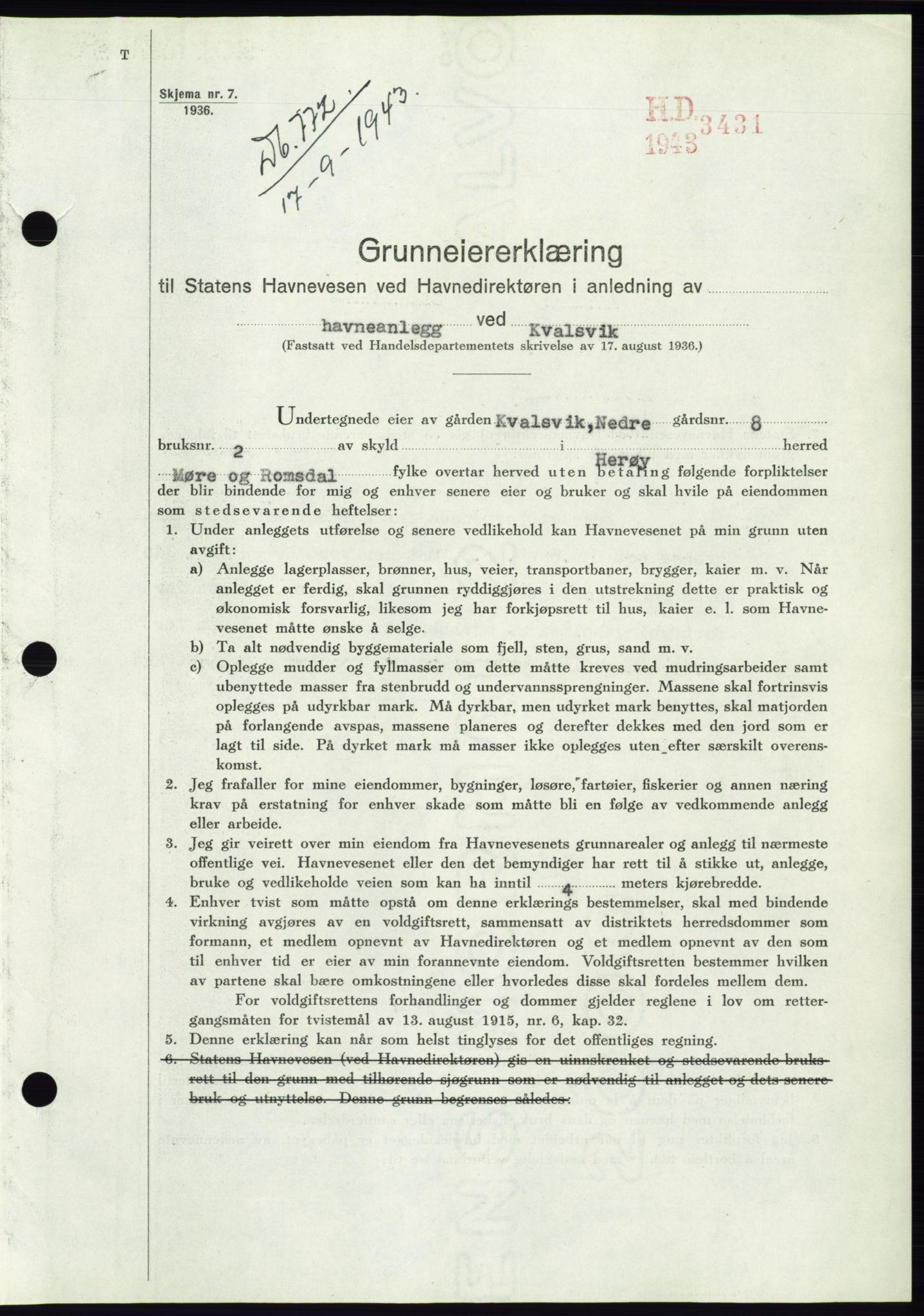 Søre Sunnmøre sorenskriveri, AV/SAT-A-4122/1/2/2C/L0075: Pantebok nr. 1A, 1943-1943, Dagboknr: 772/1943