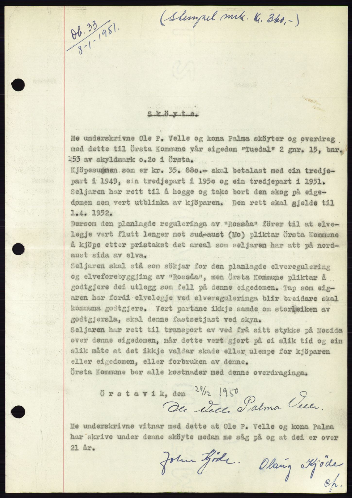 Søre Sunnmøre sorenskriveri, SAT/A-4122/1/2/2C/L0088: Pantebok nr. 14A, 1950-1951, Dagboknr: 33/1951