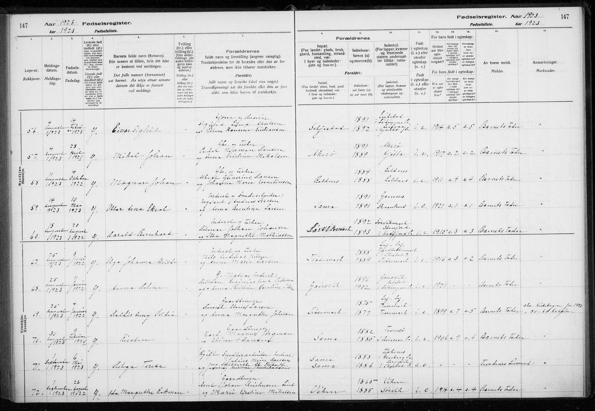 Trondenes sokneprestkontor, AV/SATØ-S-1319/I/Ia/L0089: Fødselsregister nr. 89, 1916-1925, s. 147