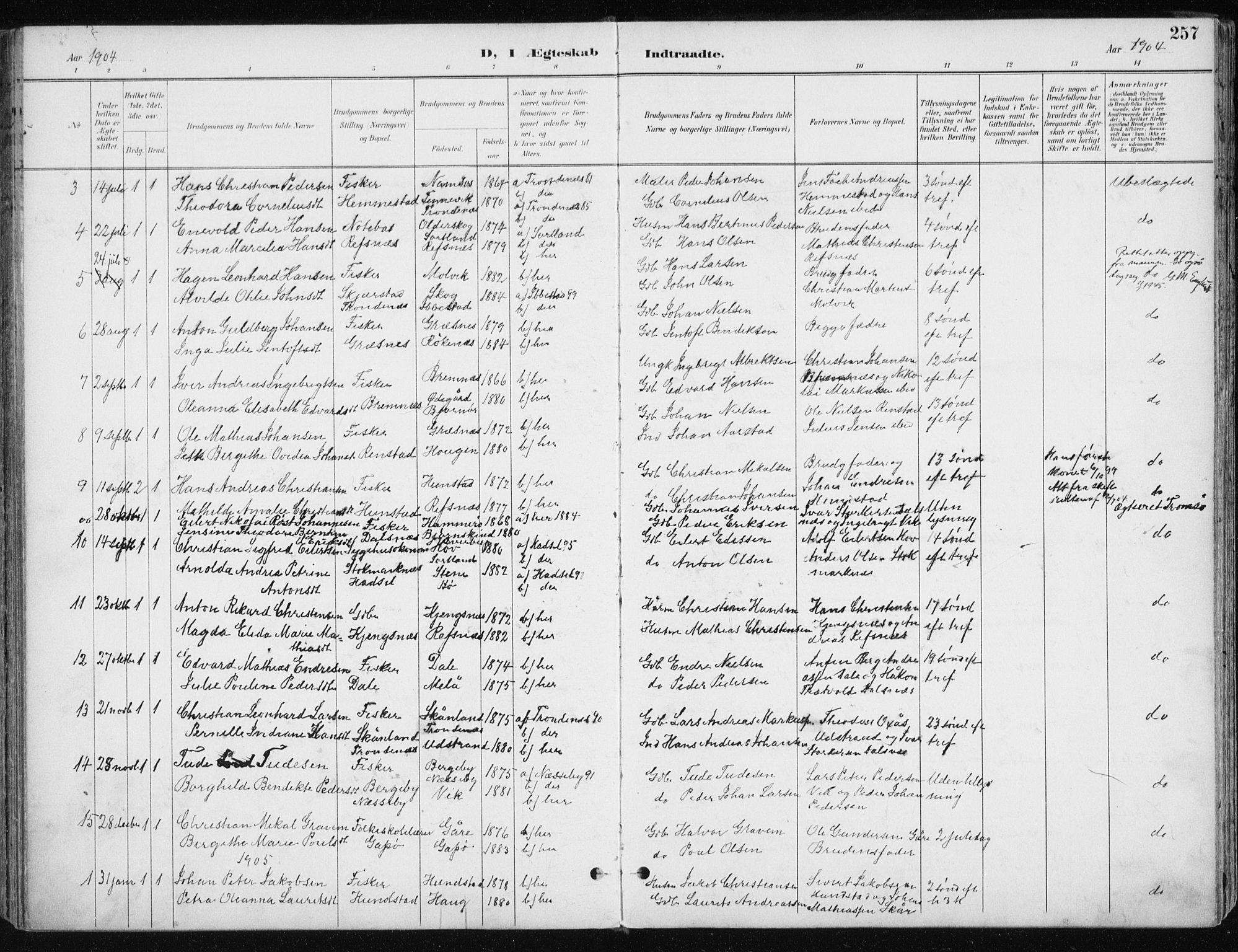 Kvæfjord sokneprestkontor, AV/SATØ-S-1323/G/Ga/Gaa/L0006kirke: Ministerialbok nr. 6, 1895-1914, s. 257