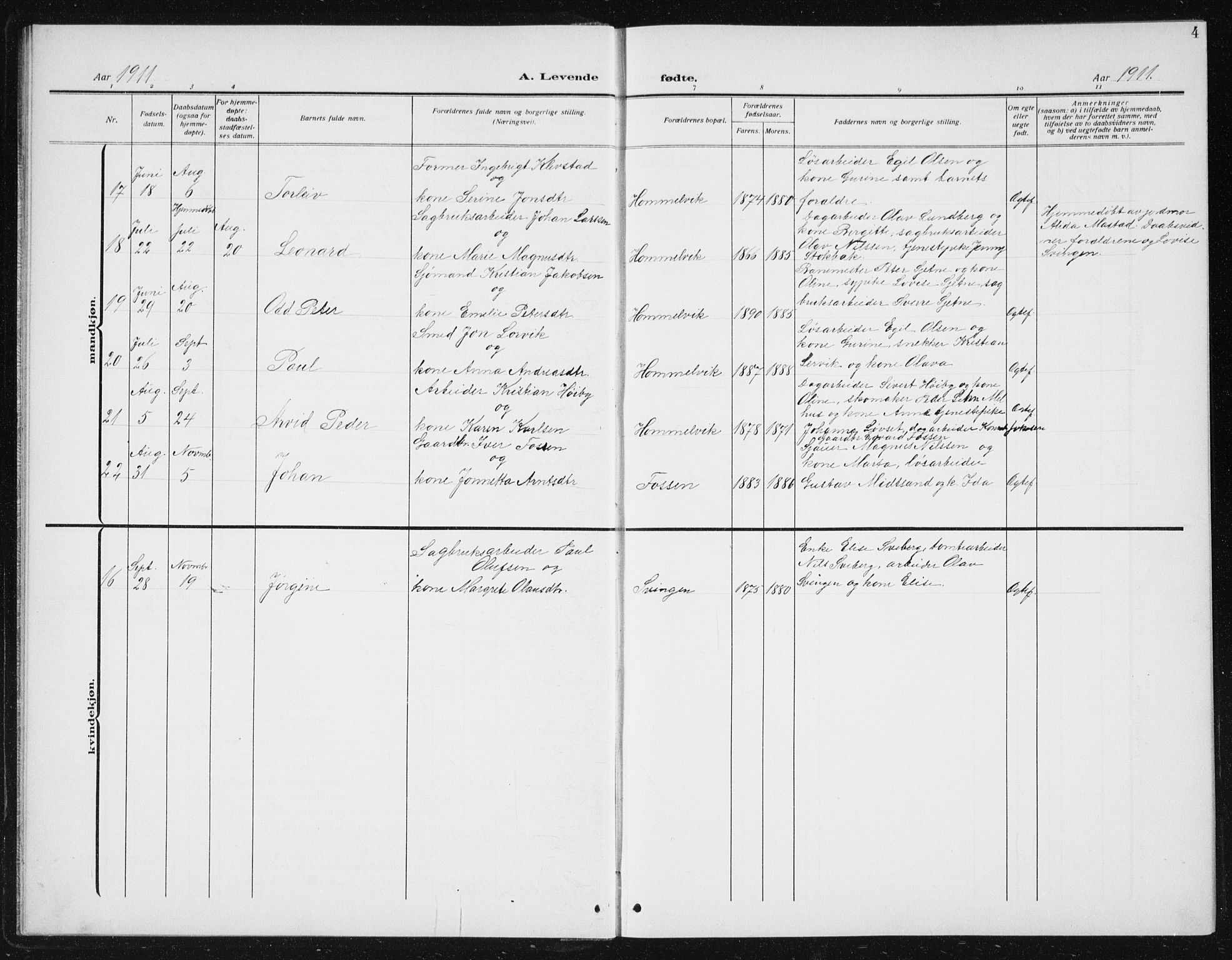 Ministerialprotokoller, klokkerbøker og fødselsregistre - Sør-Trøndelag, AV/SAT-A-1456/617/L0431: Klokkerbok nr. 617C02, 1910-1936, s. 4