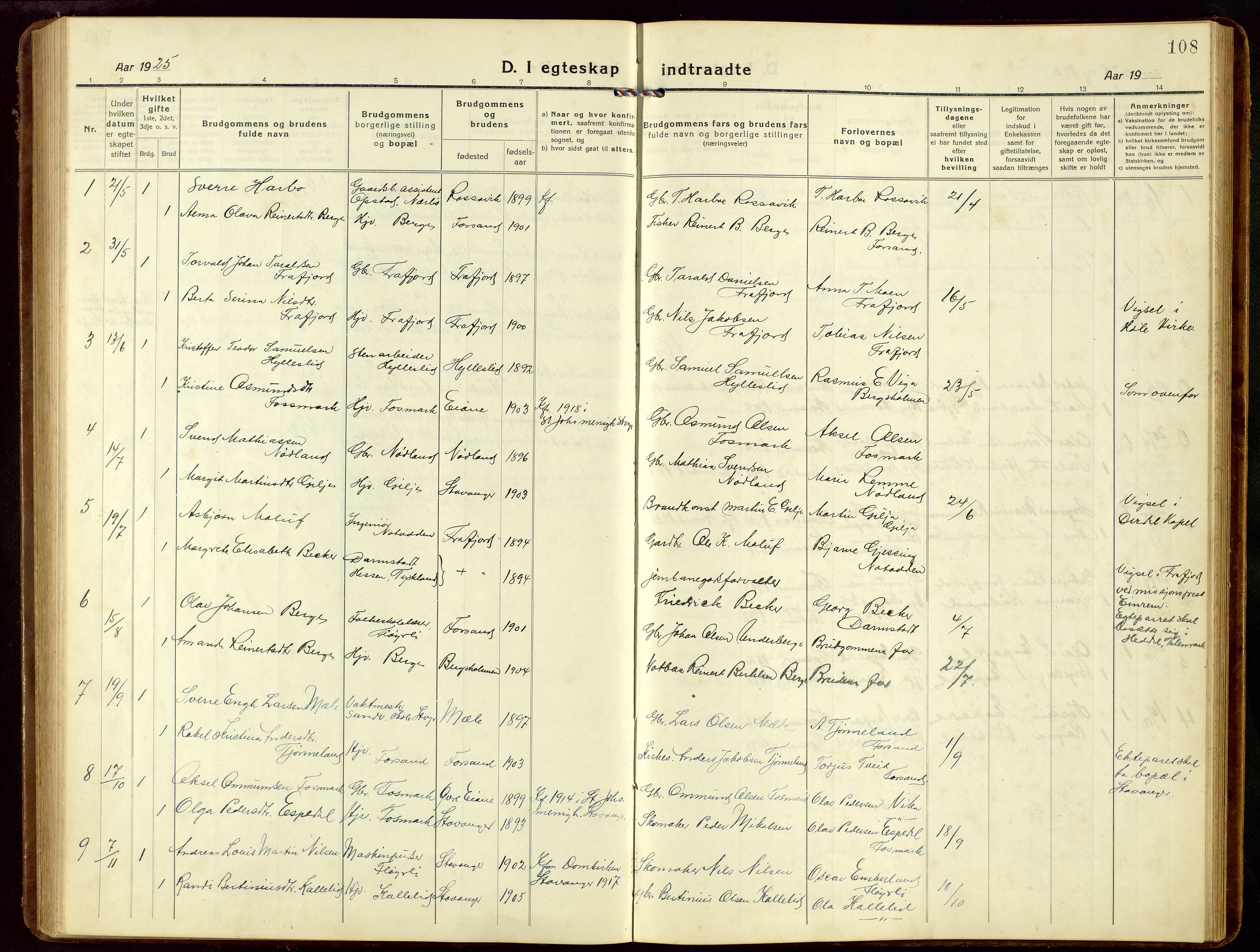 Høgsfjord sokneprestkontor, SAST/A-101624/H/Ha/Hab/L0005: Klokkerbok nr. B 5, 1920-1957, s. 108