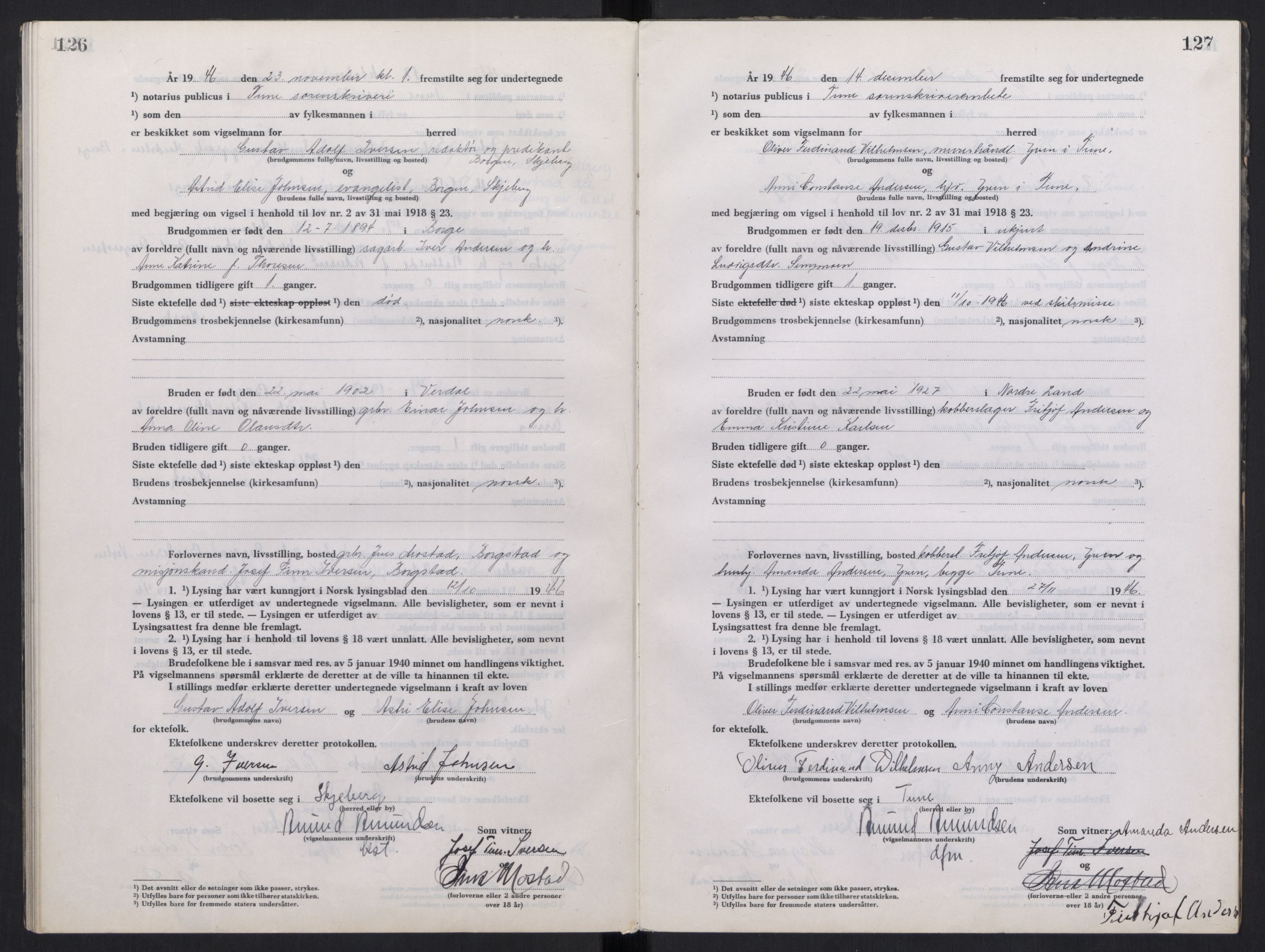 Tune sorenskriveri, AV/SAO-A-10470/L/Lb/L0003: Vigselprotokoll, 1944-1951, s. 126-127