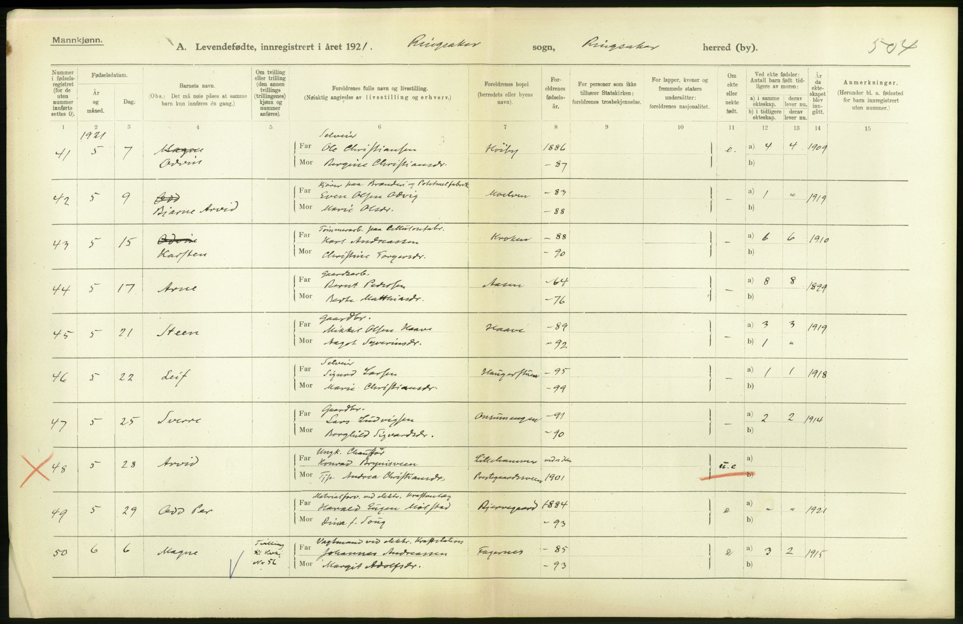 Statistisk sentralbyrå, Sosiodemografiske emner, Befolkning, AV/RA-S-2228/D/Df/Dfc/Dfca/L0014: Hedemark fylke: Levendefødte menn og kvinner. Bygder., 1921, s. 40
