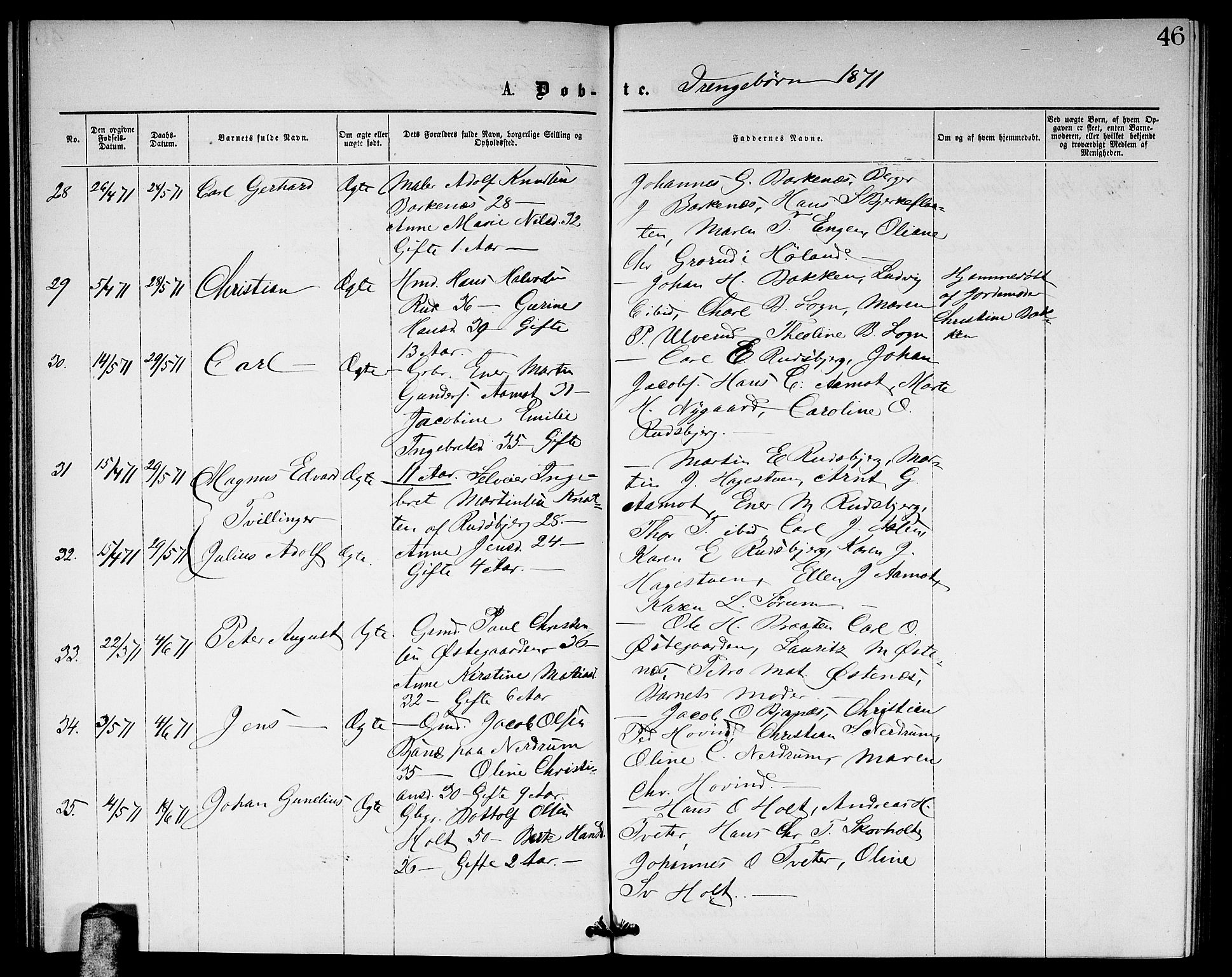 Fet prestekontor Kirkebøker, AV/SAO-A-10370a/G/Ga/L0004: Klokkerbok nr. I 4, 1868-1874, s. 46