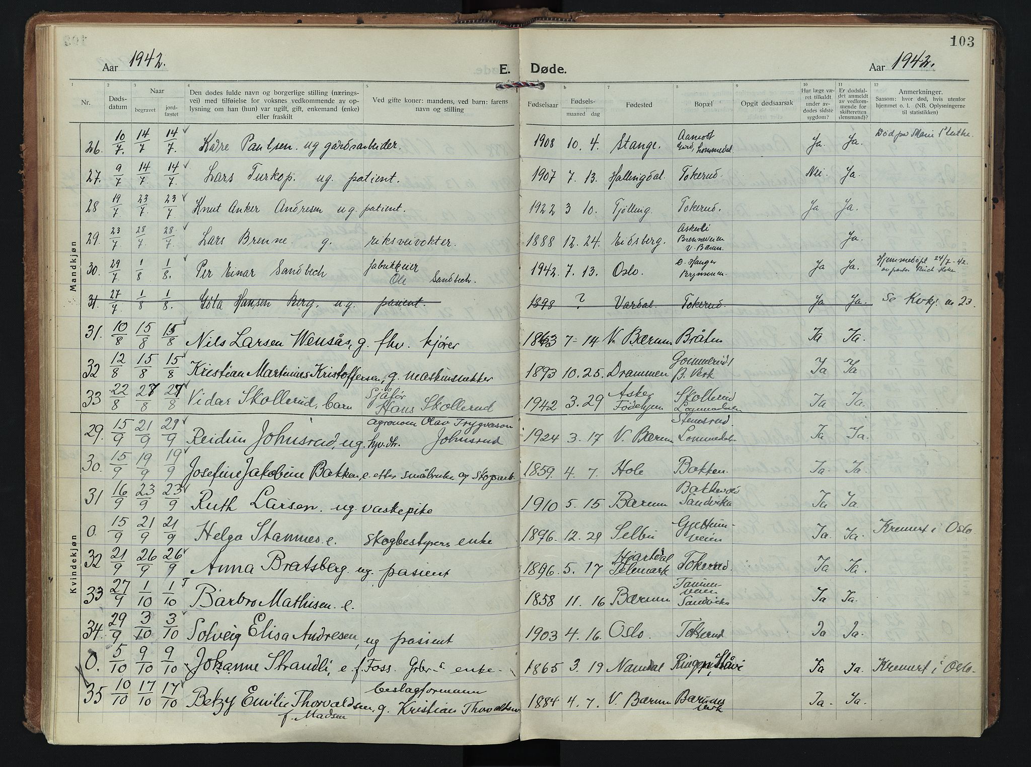 Vestre Bærum prestekontor Kirkebøker, AV/SAO-A-10209a/F/Fa/L0005: Ministerialbok nr. 5, 1922-1962, s. 103