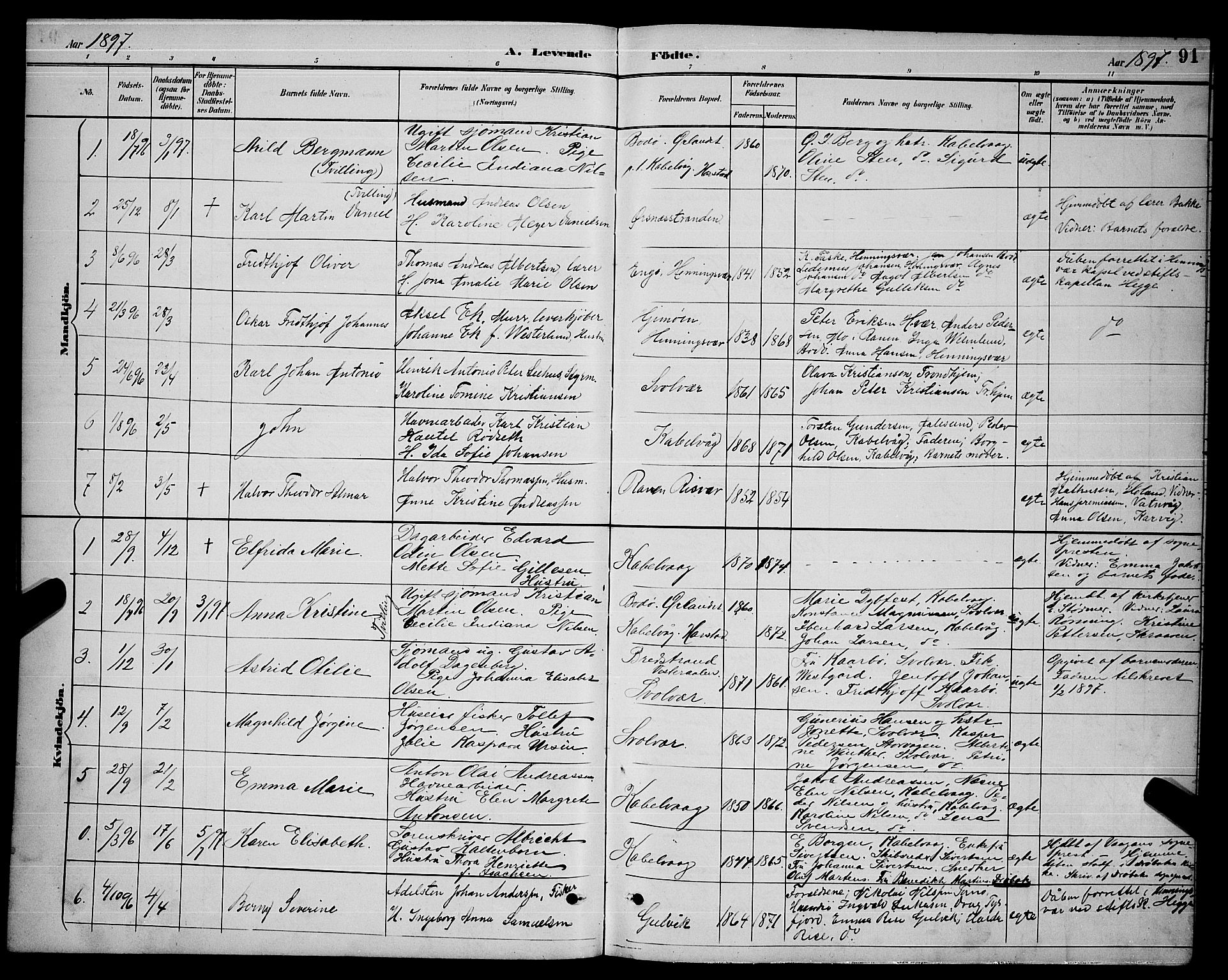 Ministerialprotokoller, klokkerbøker og fødselsregistre - Nordland, AV/SAT-A-1459/874/L1077: Klokkerbok nr. 874C06, 1891-1900, s. 91