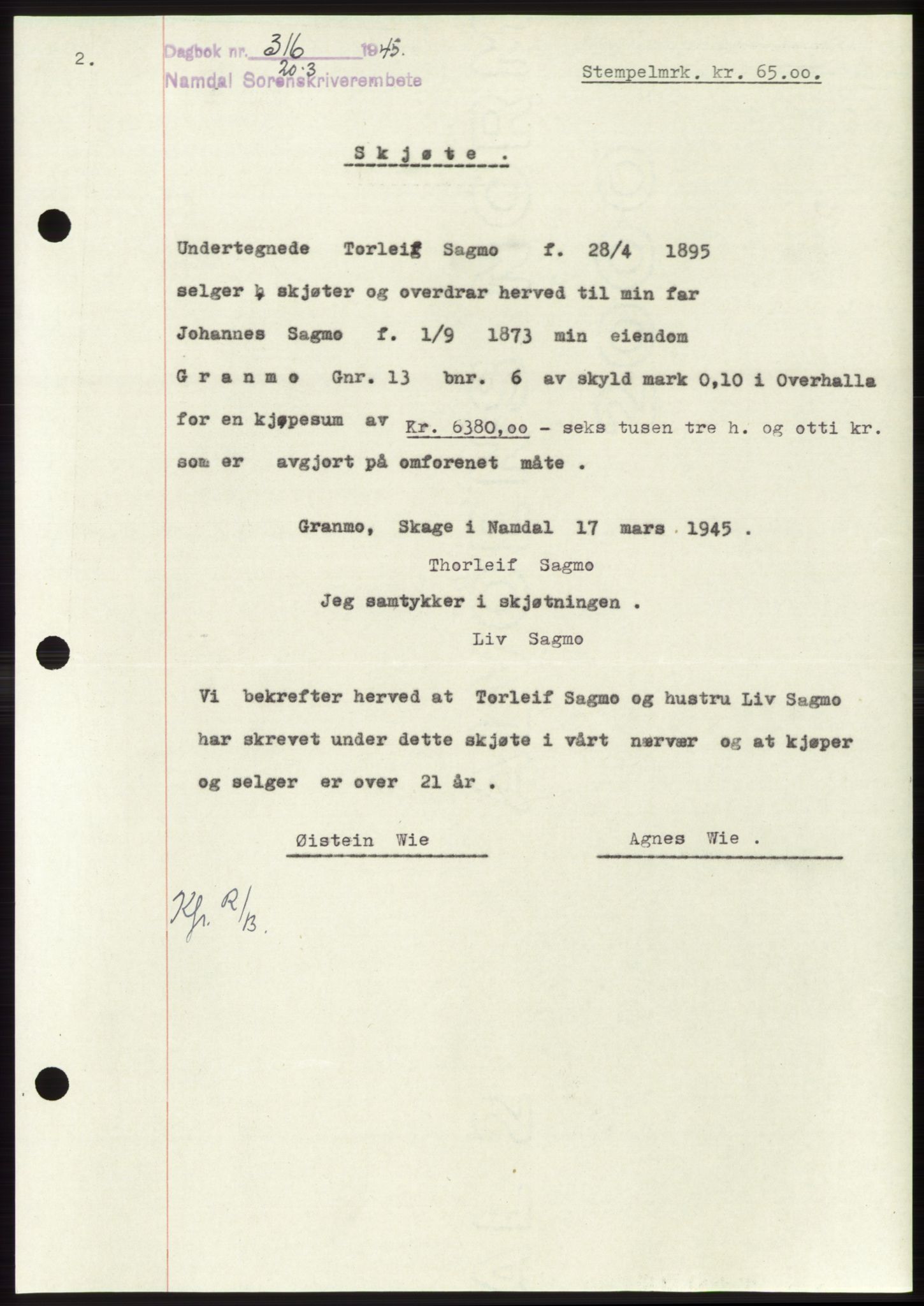 Namdal sorenskriveri, SAT/A-4133/1/2/2C: Pantebok nr. -, 1944-1945, Dagboknr: 316/1945