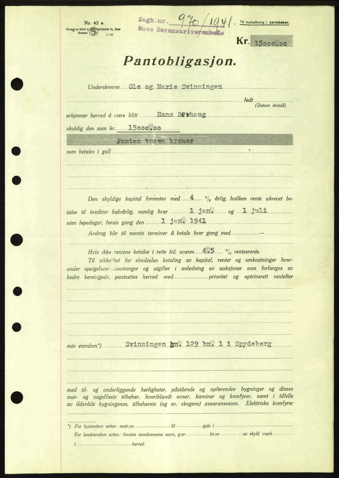 Moss sorenskriveri, AV/SAO-A-10168: Pantebok nr. B10, 1940-1941, Dagboknr: 970/1941