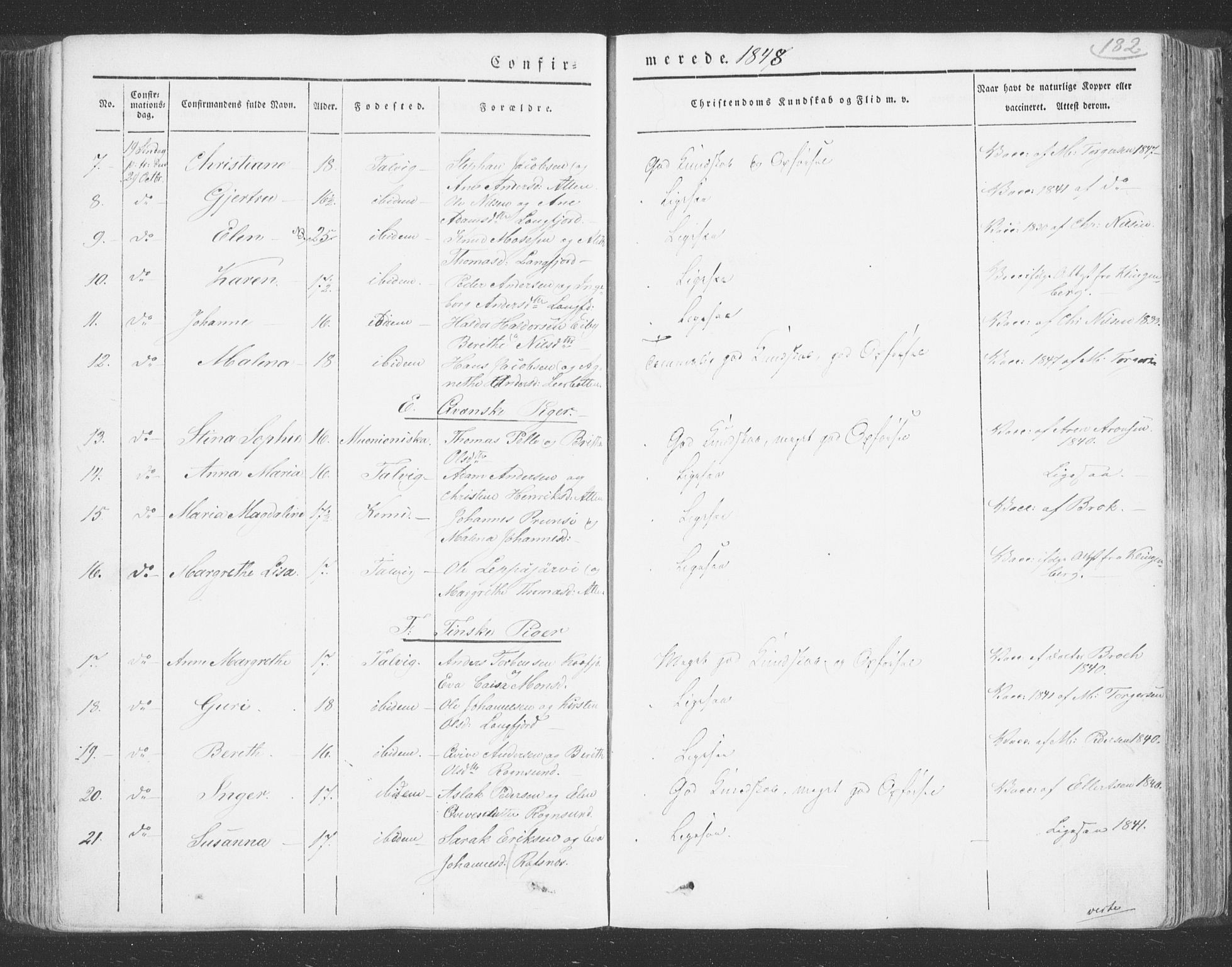 Talvik sokneprestkontor, AV/SATØ-S-1337/H/Ha/L0009kirke: Ministerialbok nr. 9, 1837-1852, s. 182
