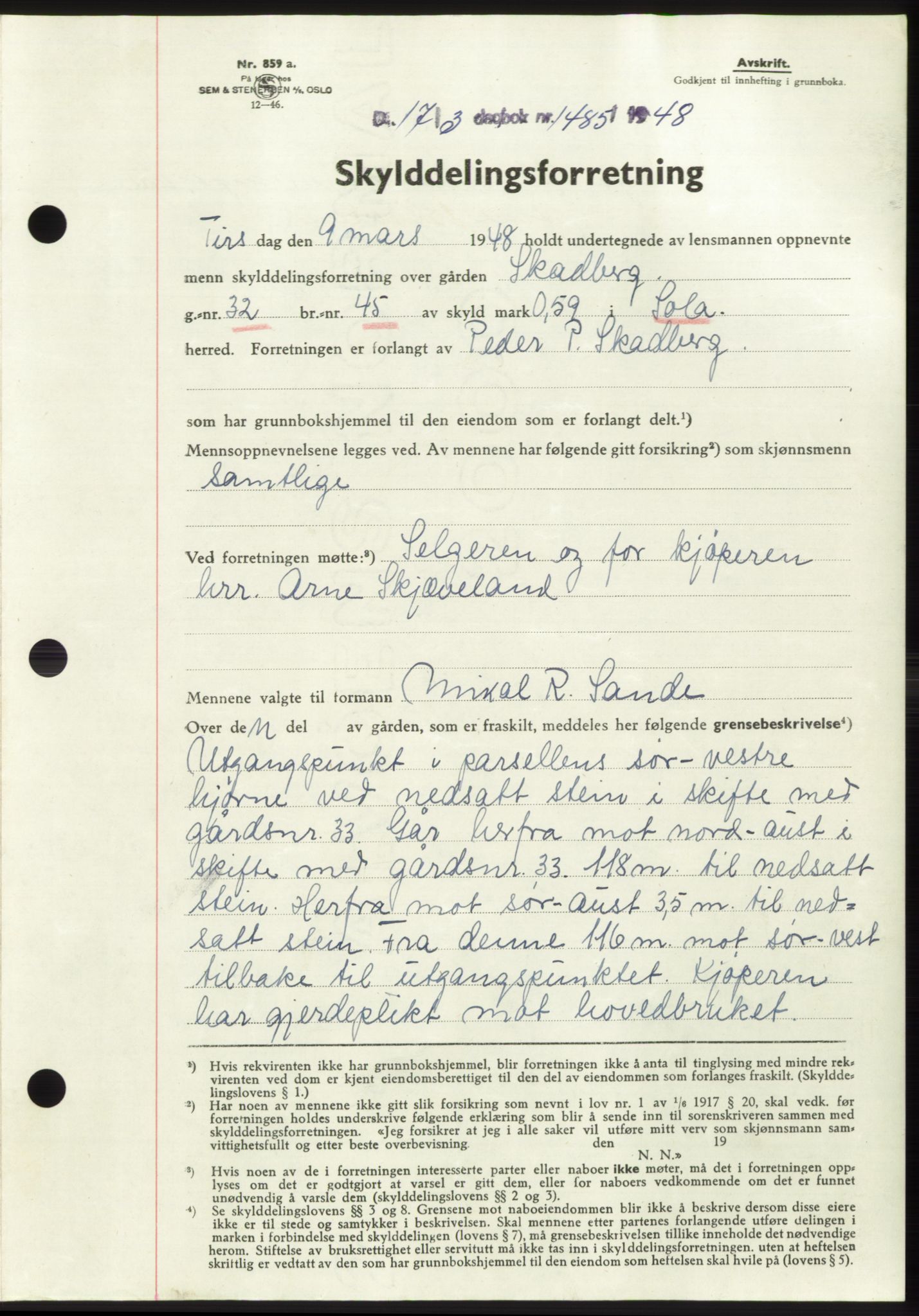 Jæren sorenskriveri, SAST/A-100310/03/G/Gba/L0098: Pantebok, 1948-1948, Dagboknr: 1485/1948