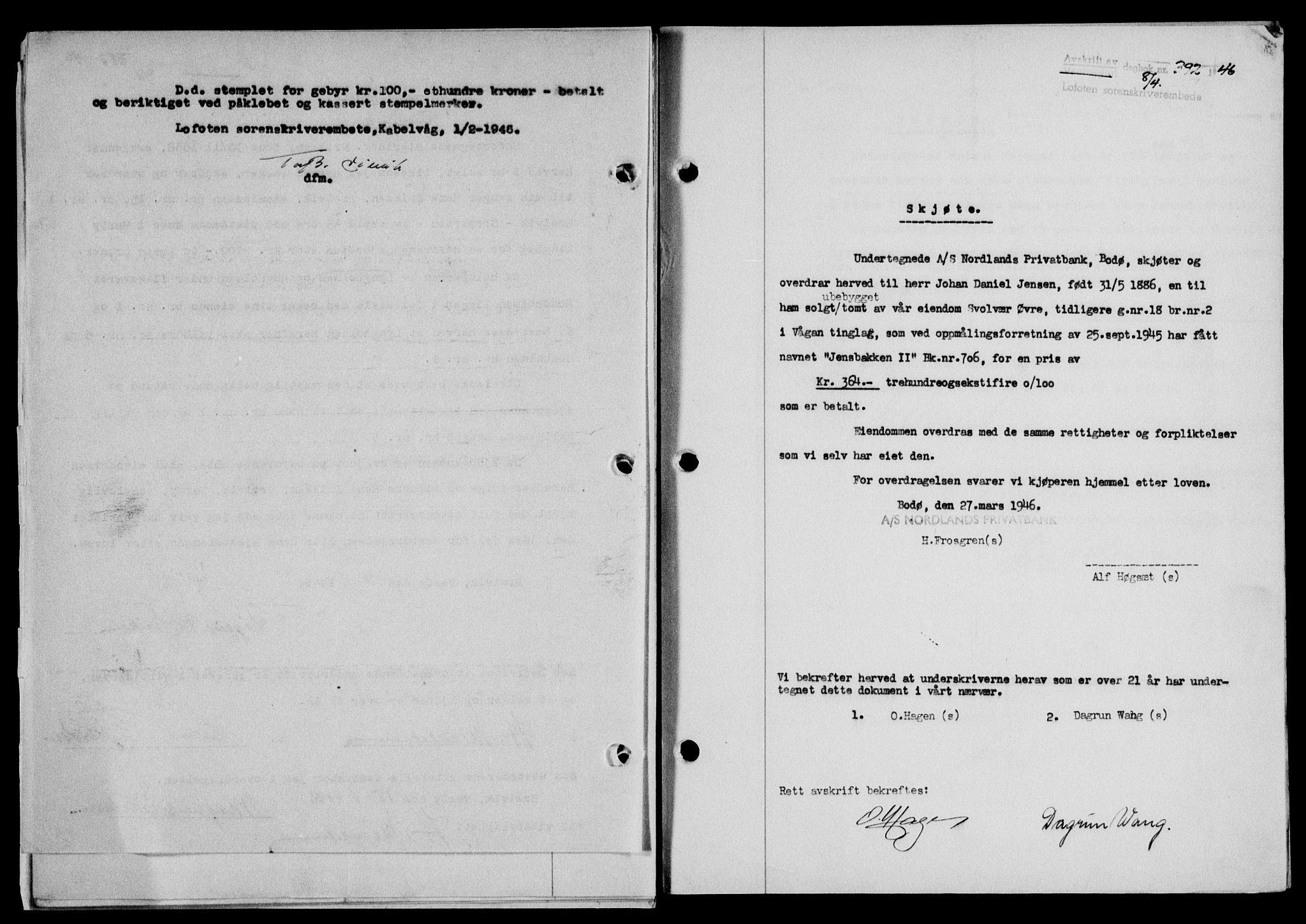 Lofoten sorenskriveri, SAT/A-0017/1/2/2C/L0013a: Pantebok nr. 13a, 1944-1946, Dagboknr: 392/1946