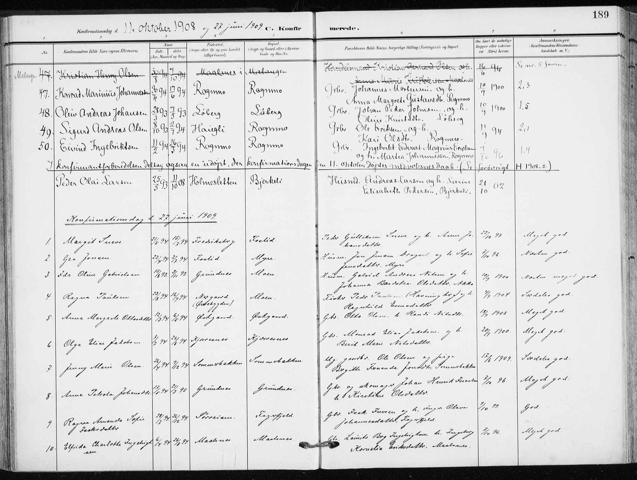 Målselv sokneprestembete, AV/SATØ-S-1311/G/Ga/Gaa/L0011kirke: Ministerialbok nr. 11, 1904-1918, s. 189