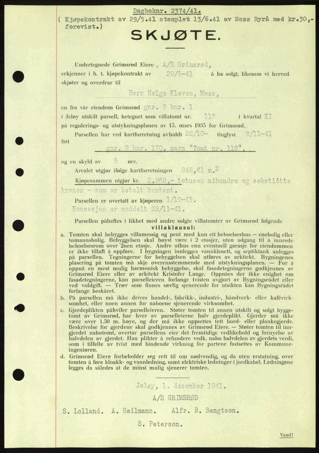 Moss sorenskriveri, SAO/A-10168: Pantebok nr. A9, 1941-1942, Dagboknr: 2374/1941