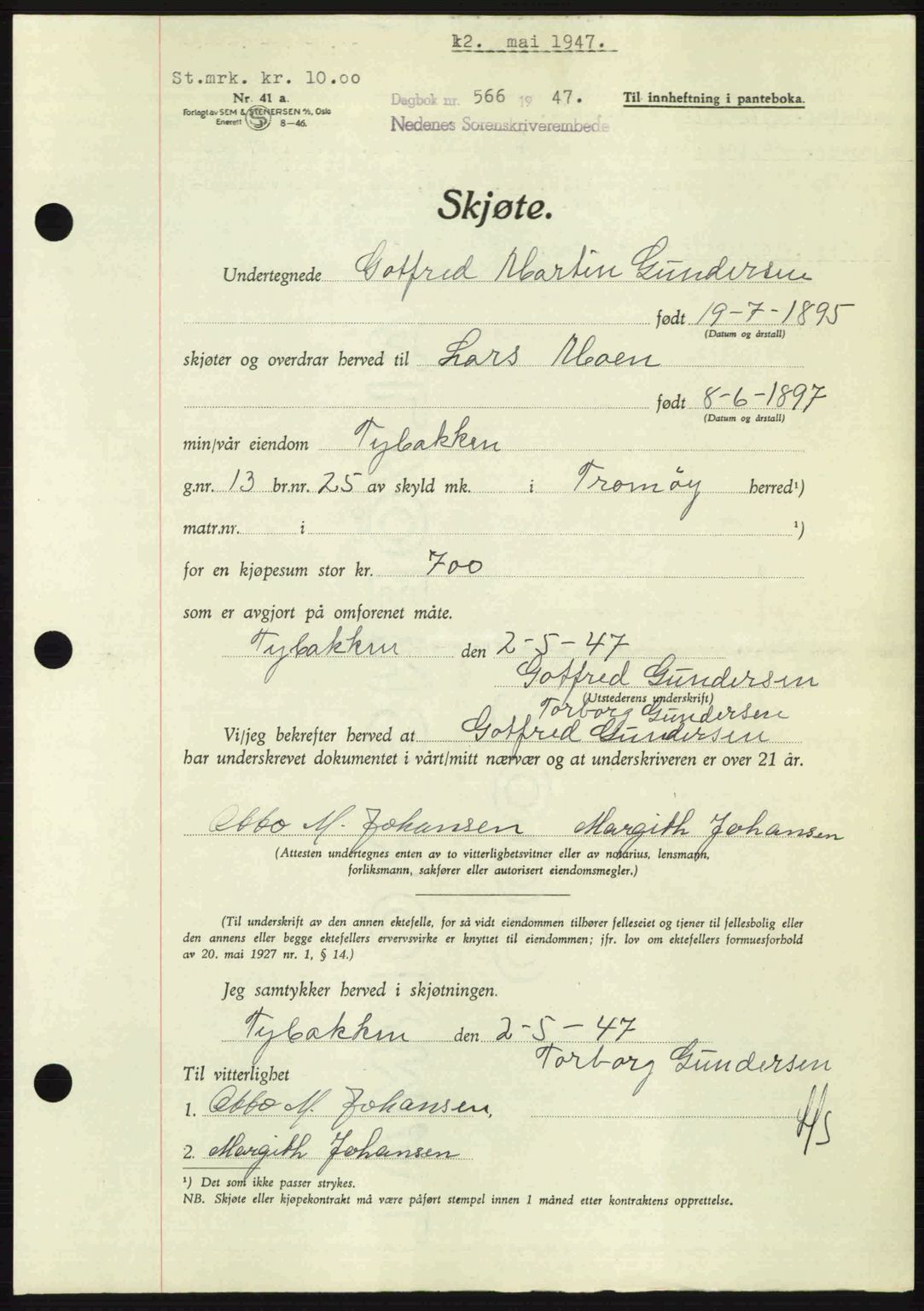 Nedenes sorenskriveri, SAK/1221-0006/G/Gb/Gba/L0057: Pantebok nr. A9, 1947-1947, Dagboknr: 566/1947