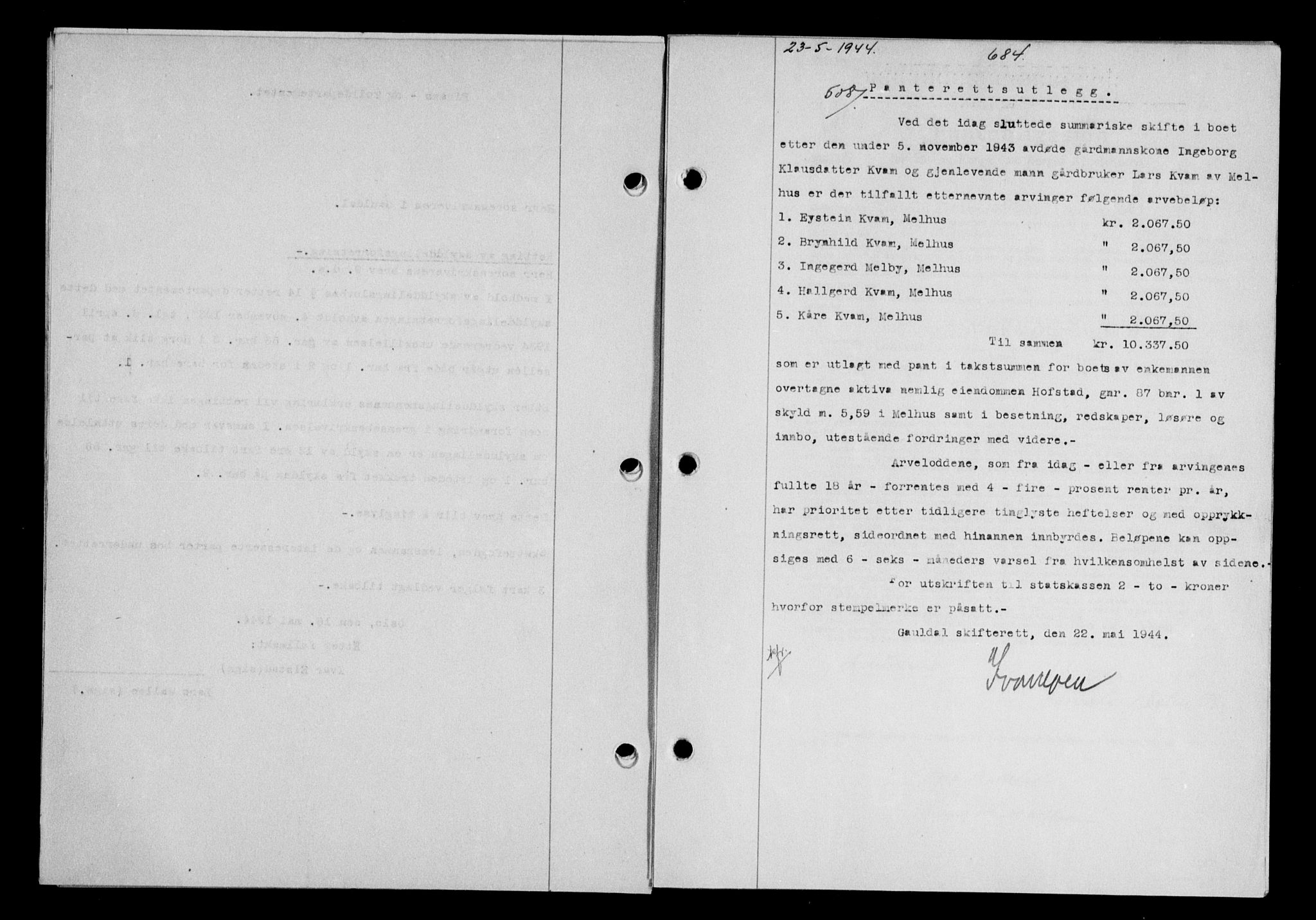 Gauldal sorenskriveri, SAT/A-0014/1/2/2C/L0057: Pantebok nr. 62, 1943-1944, Dagboknr: 508/1944