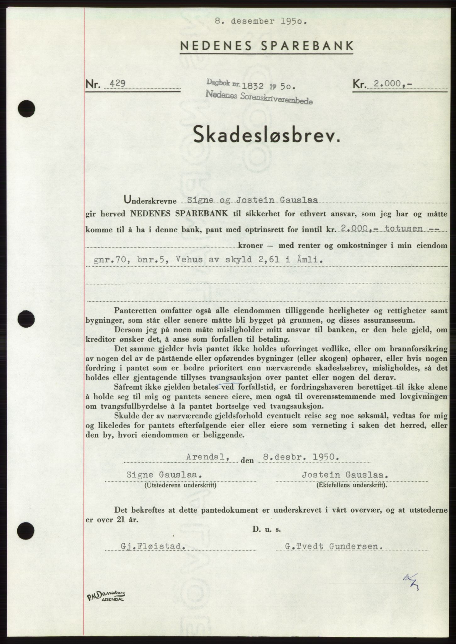 Nedenes sorenskriveri, SAK/1221-0006/G/Gb/Gbb/L0008: Pantebok nr. B8, 1950-1950, Dagboknr: 1832/1950