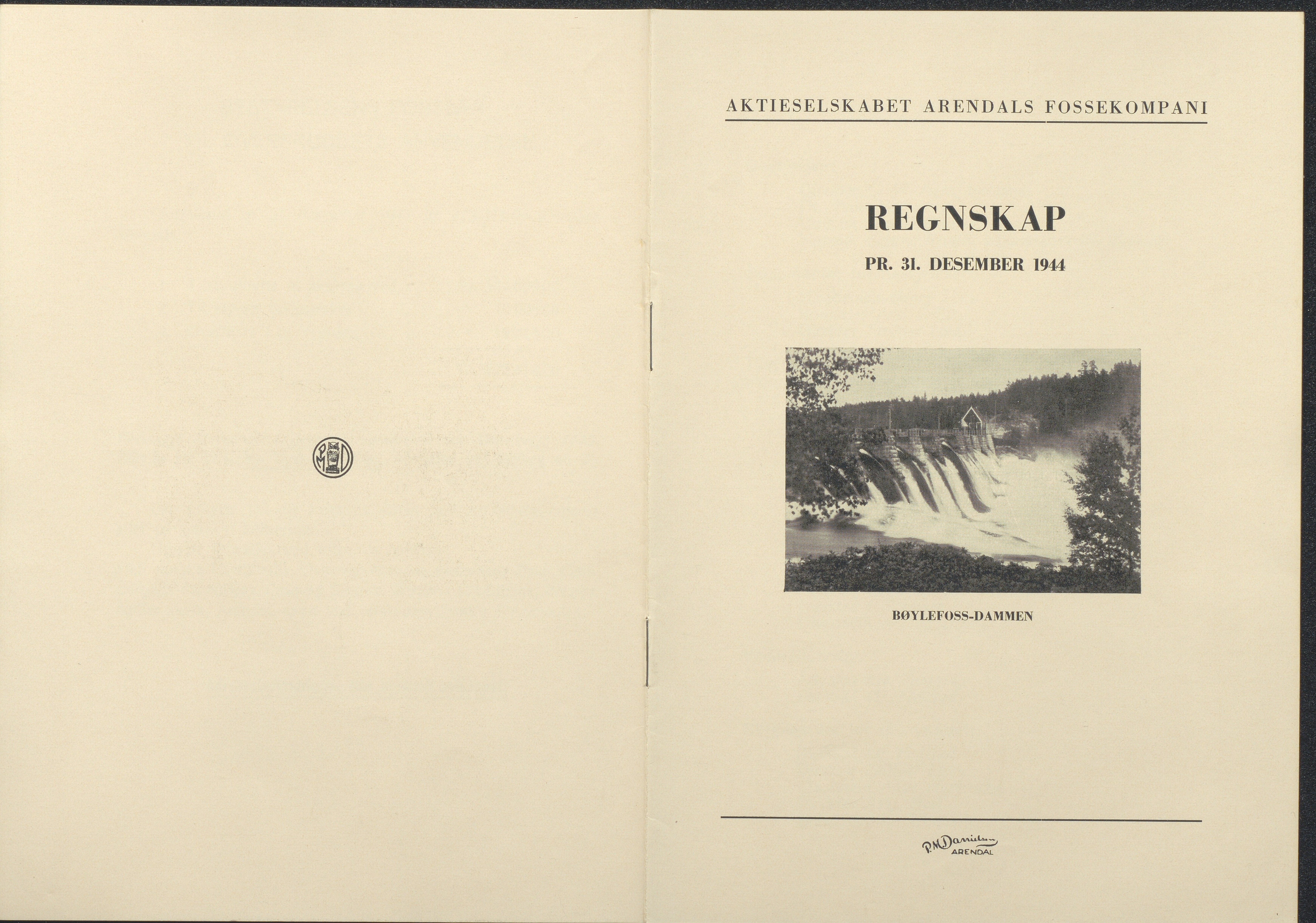 Arendals Fossekompani, AAKS/PA-2413/X/X01/L0001/0011: Beretninger, regnskap, balansekonto, gevinst- og tapskonto / Regnskap 1943 - 1944, 1943-1944