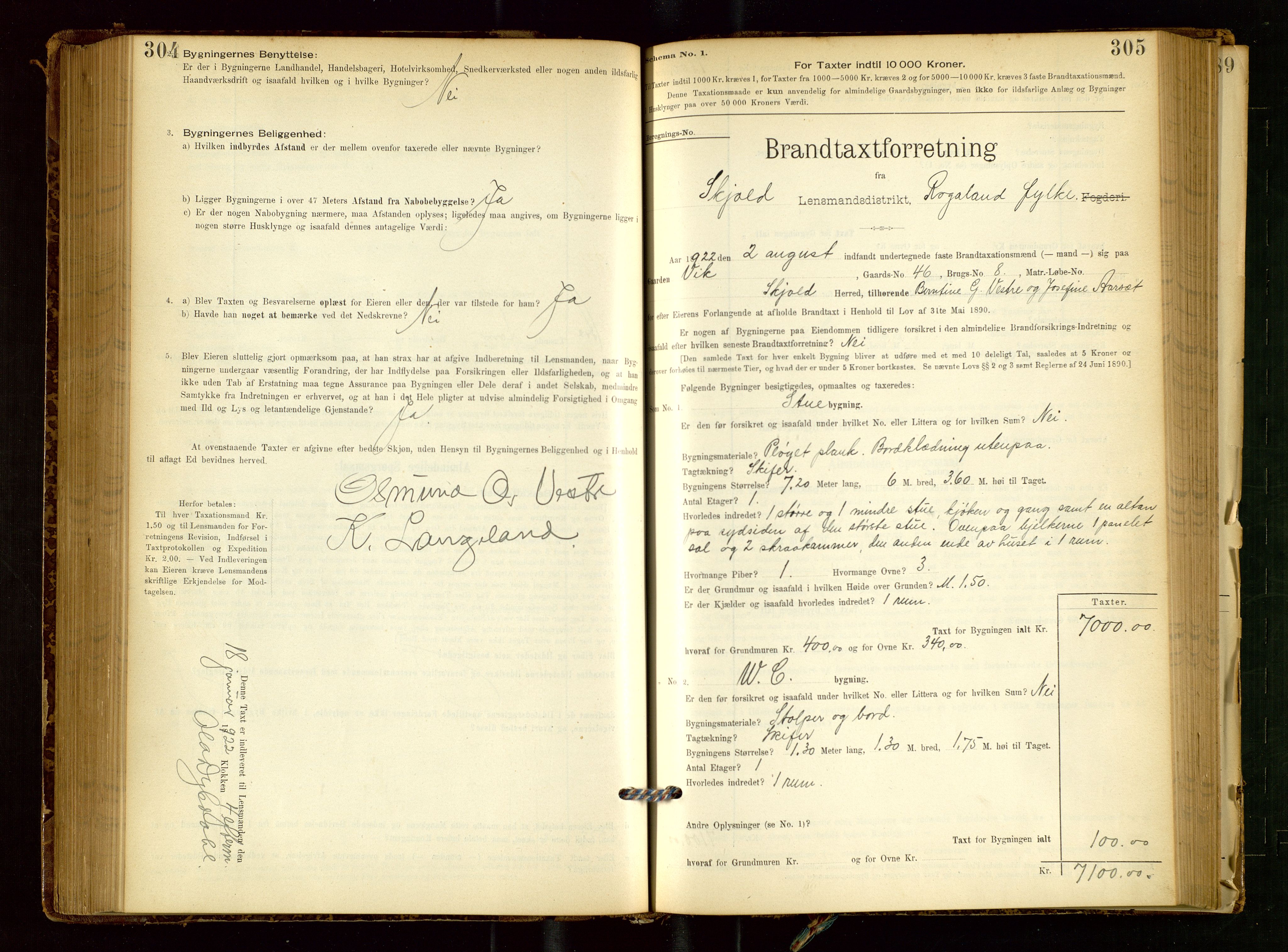 Skjold lensmannskontor, SAST/A-100182/Gob/L0001: "Brandtaxationsprotokol for Skjold Lensmandsdistrikt Ryfylke Fogderi", 1894-1939, s. 304-305