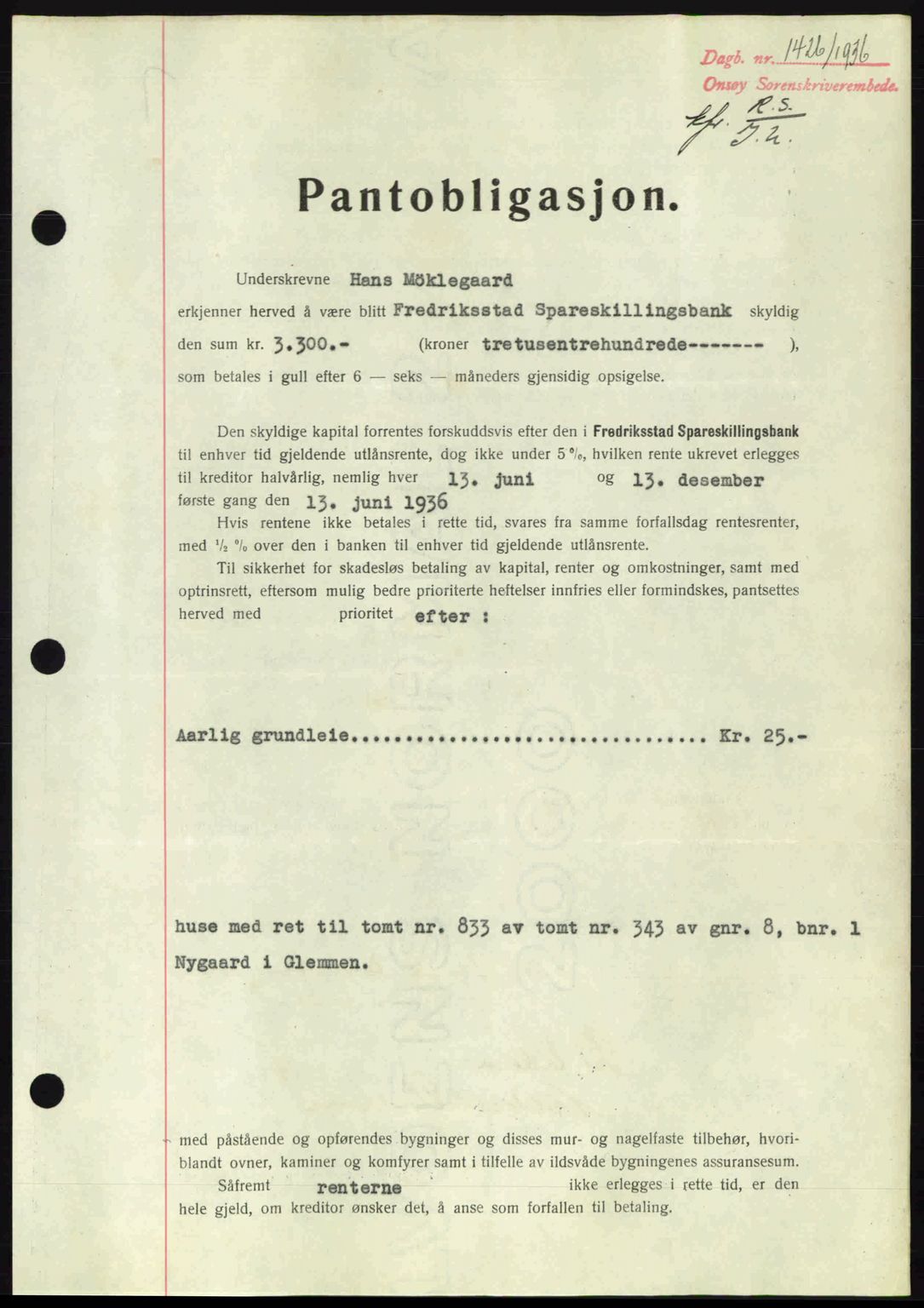 Onsøy sorenskriveri, SAO/A-10474/G/Ga/Gac/L0001: Pantebok nr. B1, 1936-1938, Dagboknr: 1426/1936