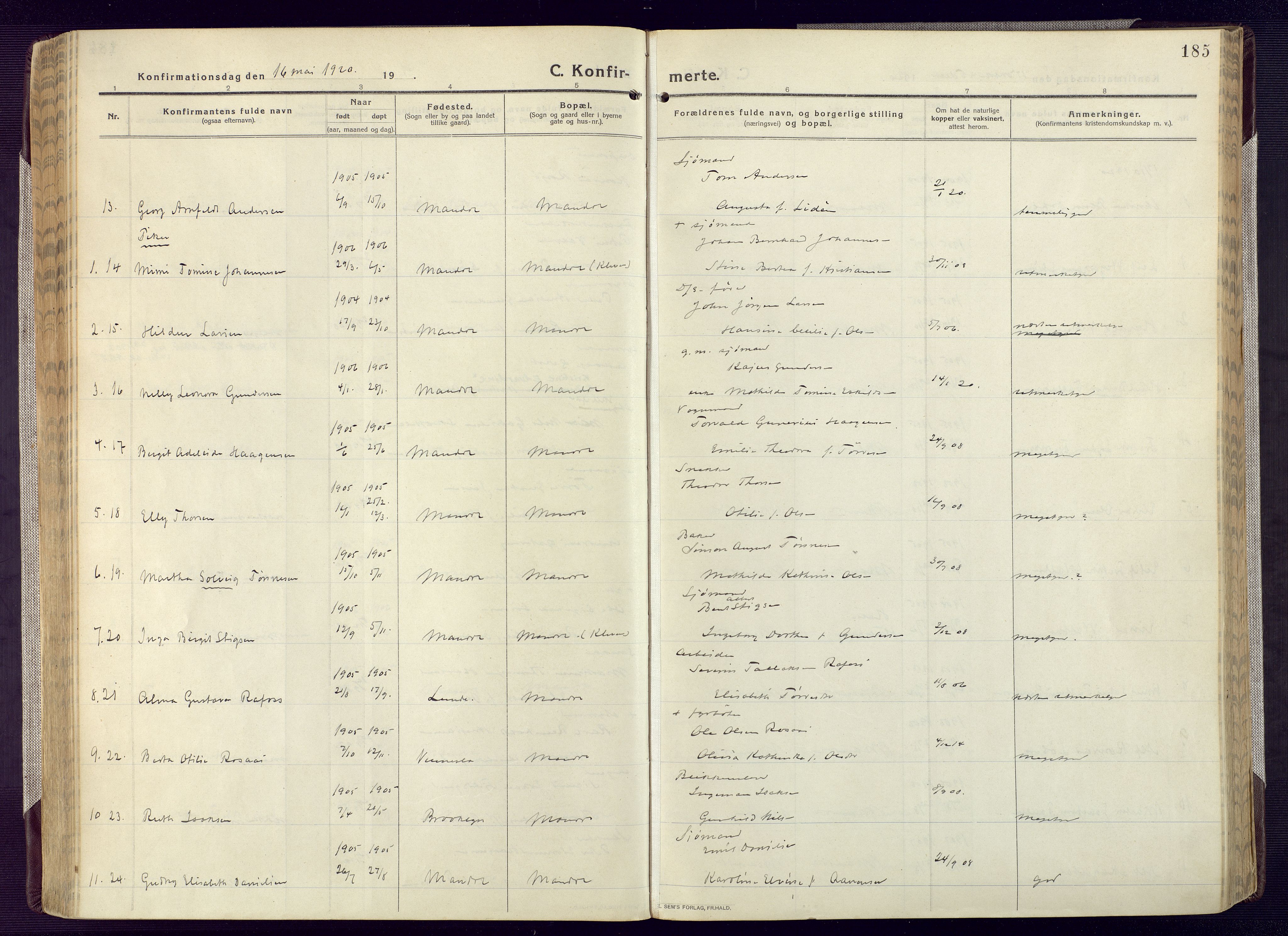 Mandal sokneprestkontor, SAK/1111-0030/F/Fa/Fac/L0001: Ministerialbok nr. A 1, 1913-1925, s. 185