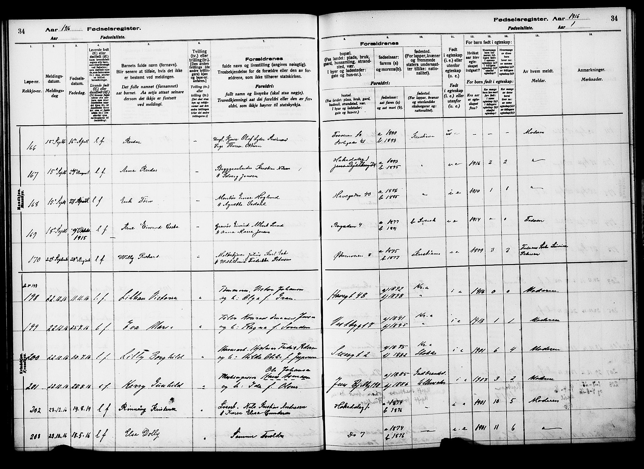 Kampen prestekontor Kirkebøker, SAO/A-10853/J/Ja/L0001: Fødselsregister nr. 1, 1916-1920, s. 34