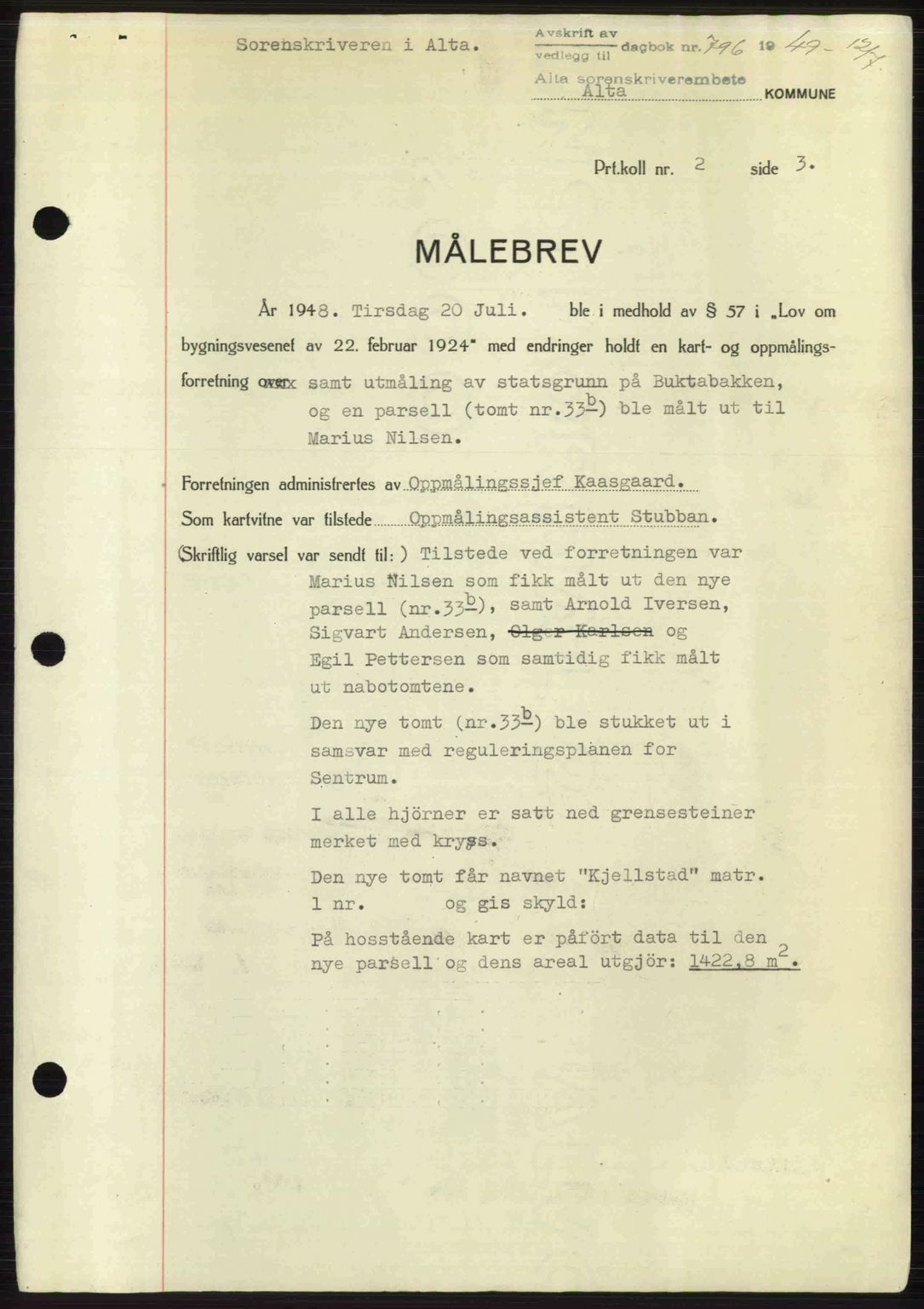 Alta fogderi/sorenskriveri, SATØ/SATØ-5/1/K/Kd/L0037pantebok: Pantebok nr. 39-40, 1948-1949, Dagboknr: 796/1949