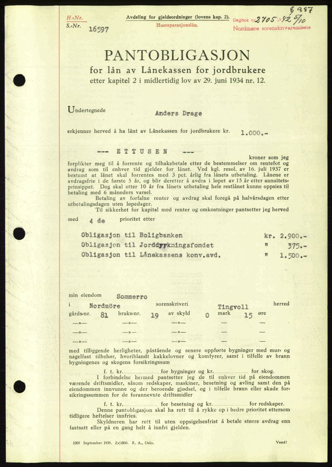 Nordmøre sorenskriveri, AV/SAT-A-4132/1/2/2Ca: Pantebok nr. B89, 1942-1942, Dagboknr: 2705/1942