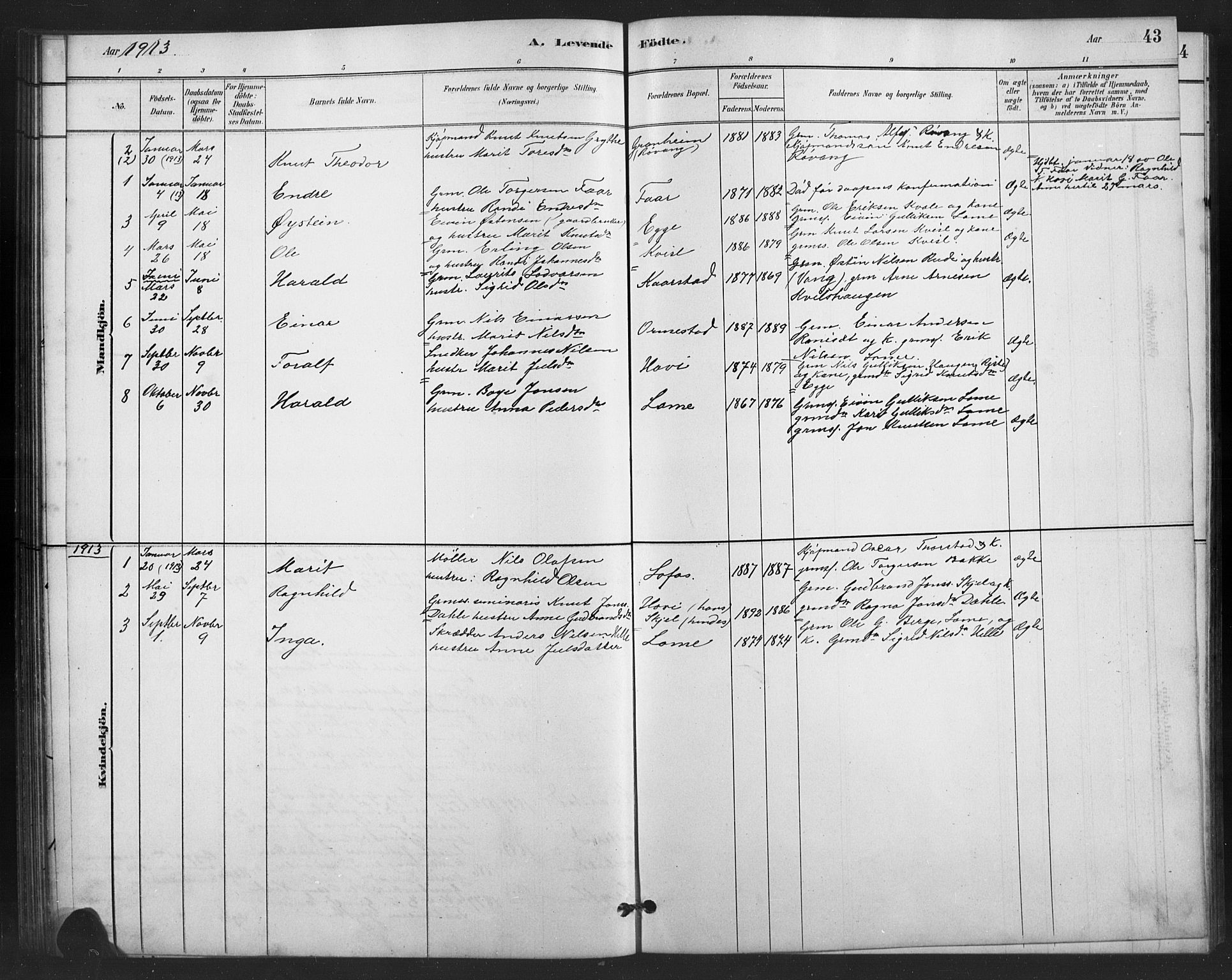 Vestre Slidre prestekontor, AV/SAH-PREST-136/H/Ha/Hab/L0006: Klokkerbok nr. 6, 1881-1915, s. 43